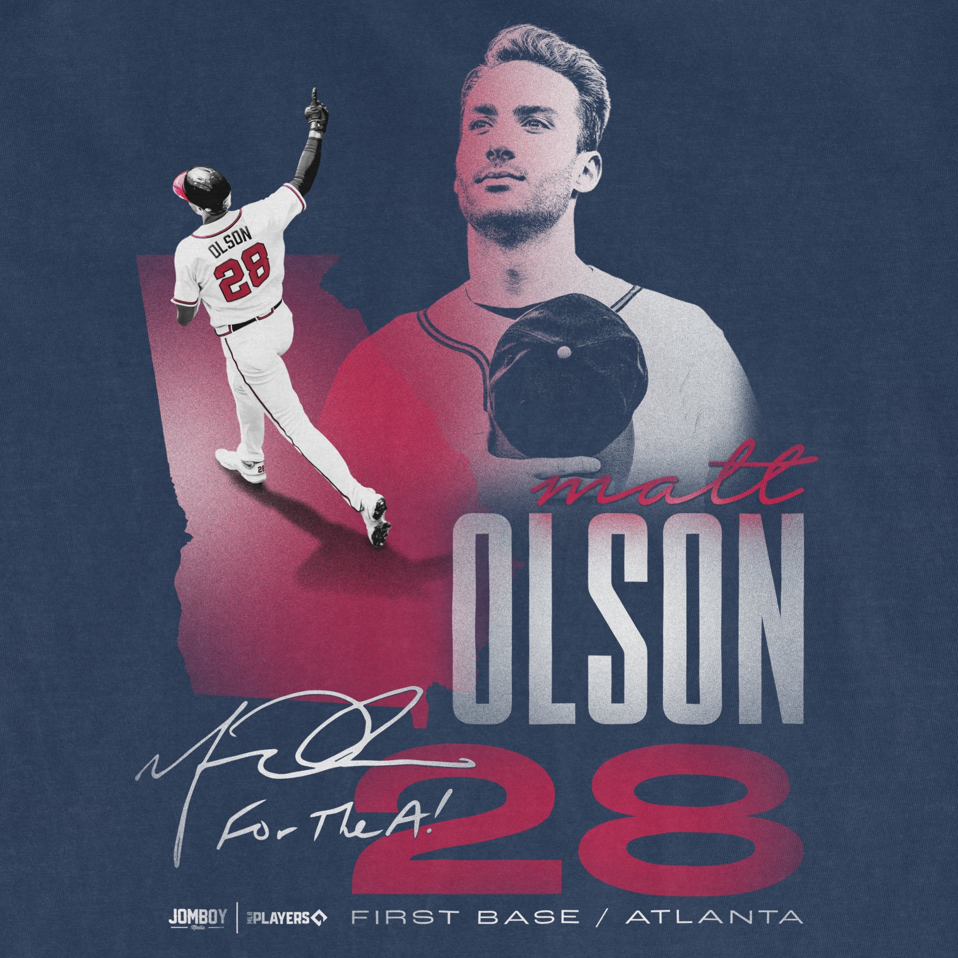 Close-up of a Comfort Colors tee featuring Matt Olson's signature, a large photo, and graphic design celebrating his baseball career.