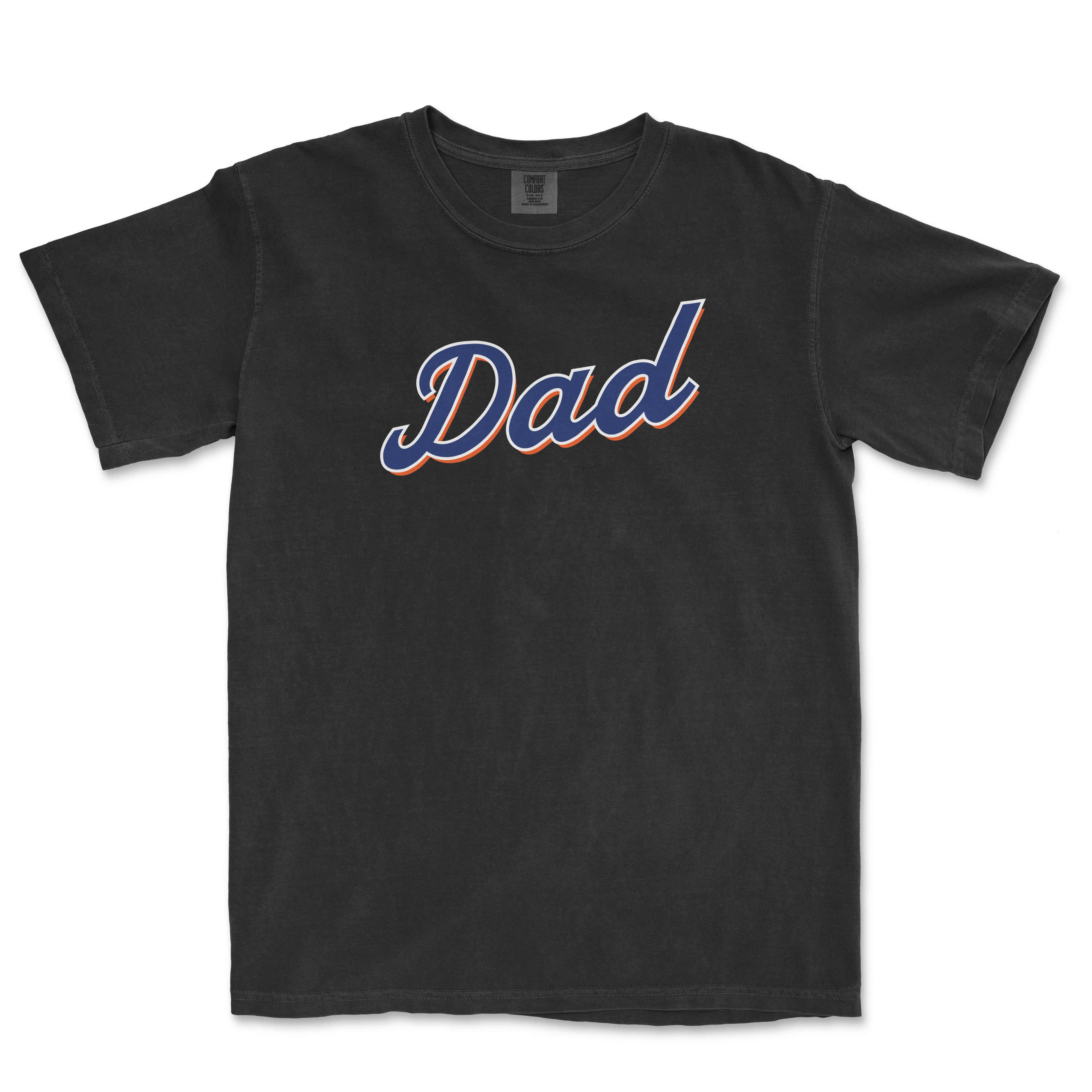 Black T-shirt with the word "Dad" in bold, cursive font, featuring blue and orange outline, celebrating Queens baseball dads.