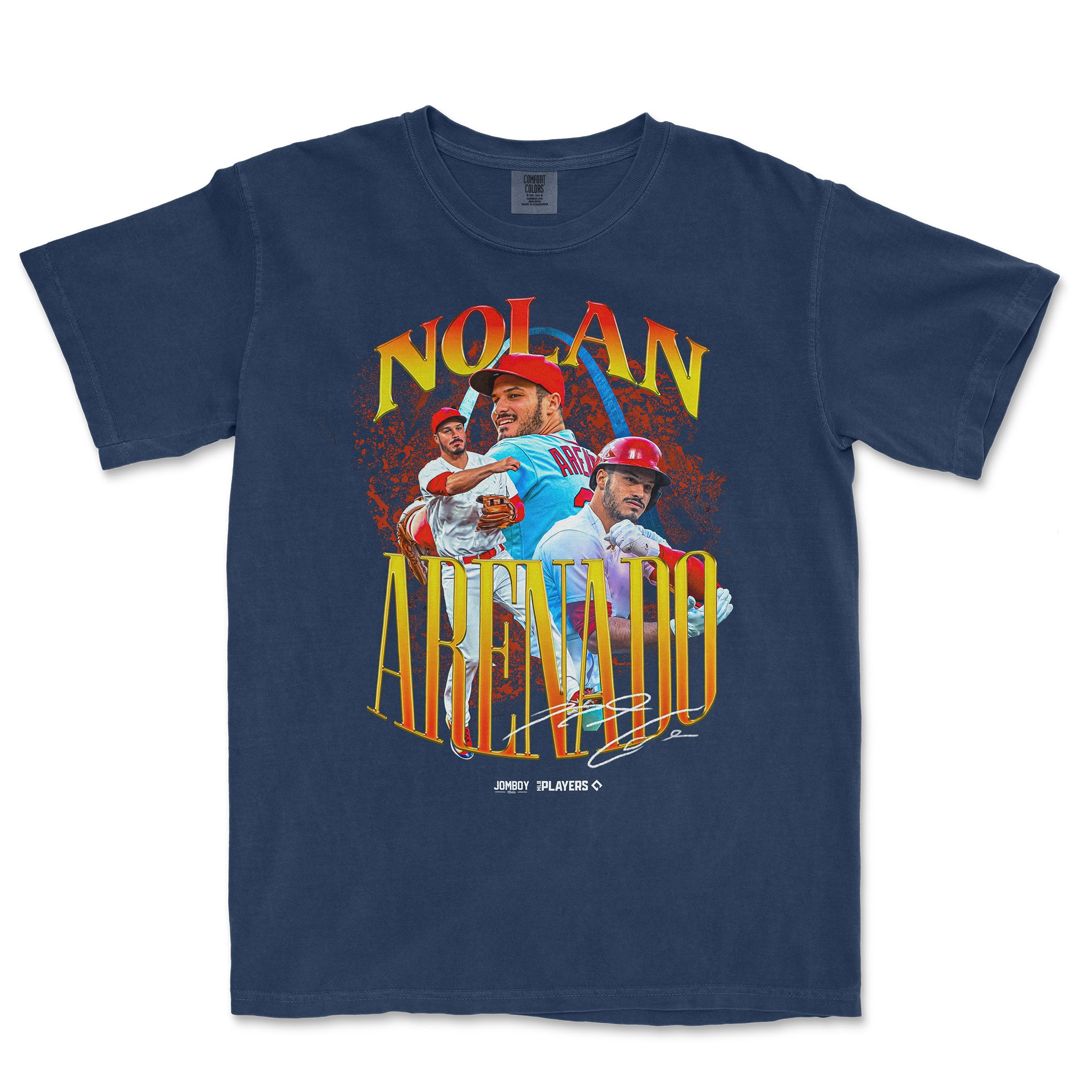 Nolan Arenado Signature Series Comfort Colors T-shirt featuring a colorful graphic of Nolan Arenado in baseball action.