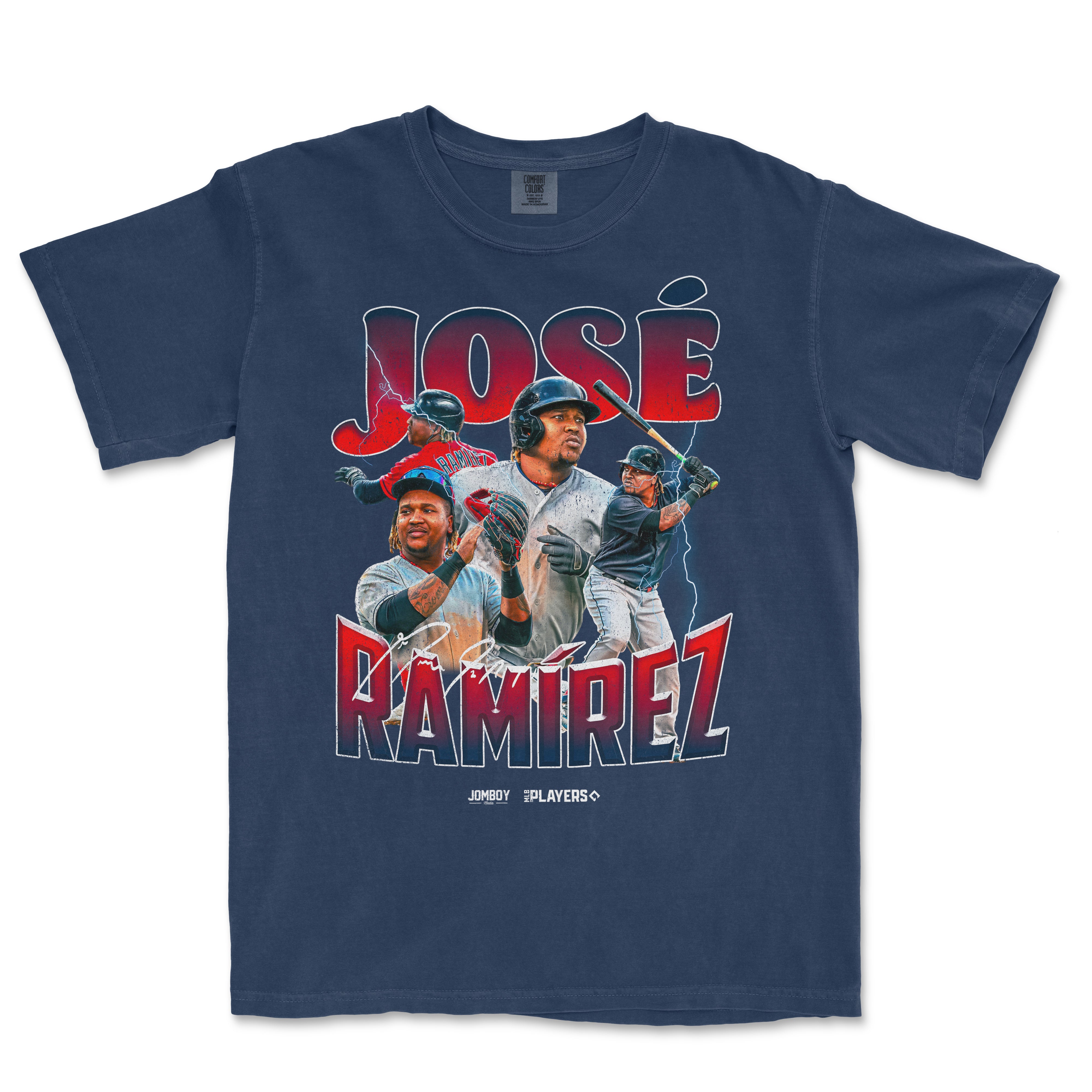 Navy Comfort Colors T-shirt featuring José Ramírez's signature series design with images of him playing baseball and bold red and white text.