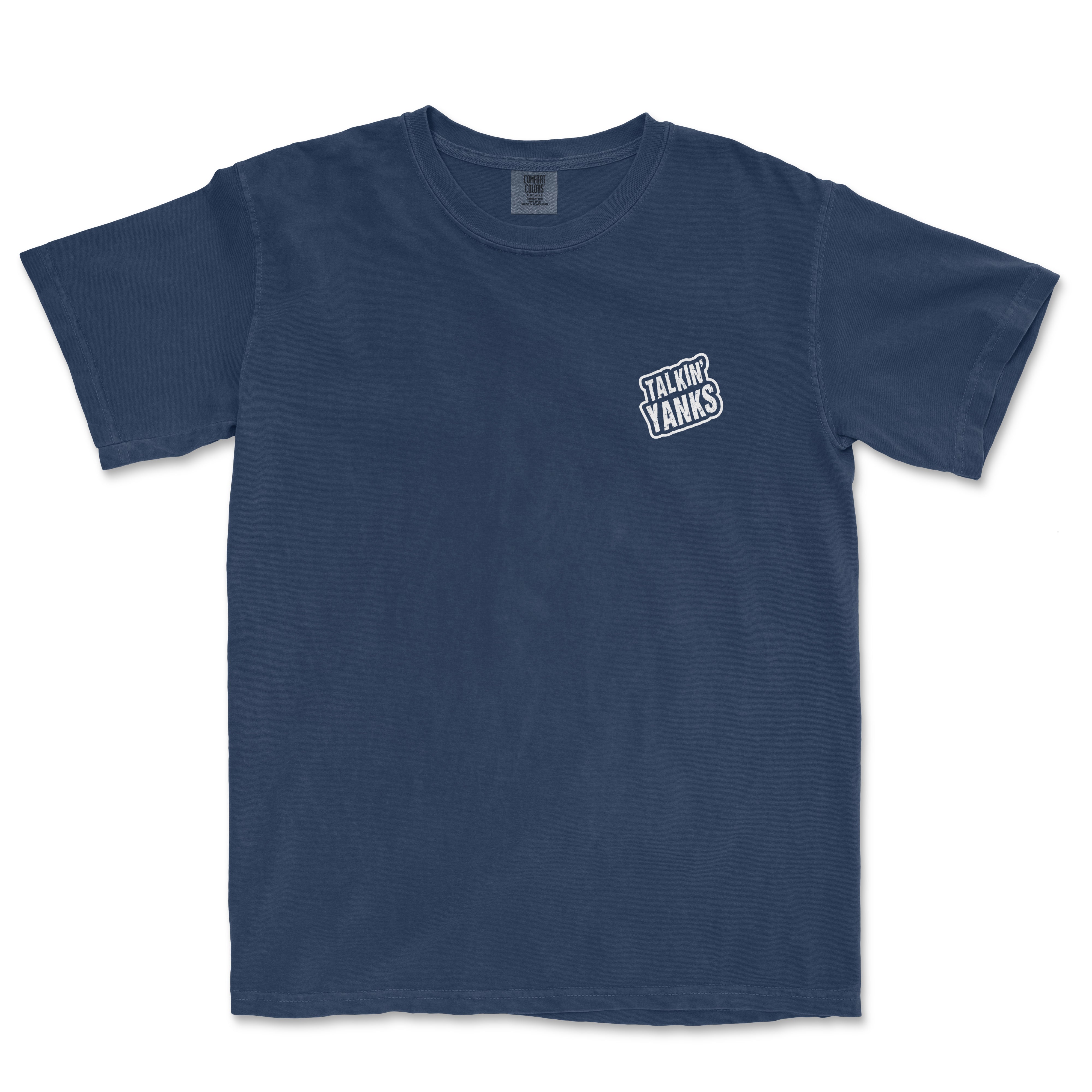Blue T-shirt with a small "Talkin' Yanks" logo printed on the upper left chest area.