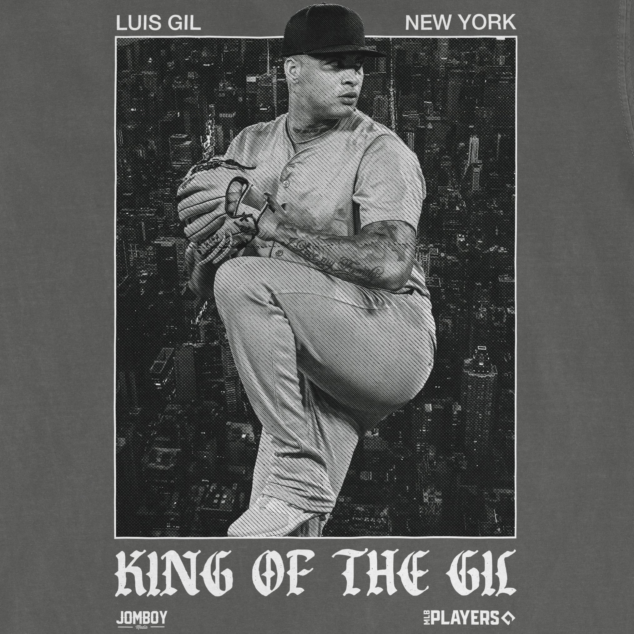 Black and white graphic of a man in a cap and casual outfit, crouching with a baseball glove, over a cityscape background.