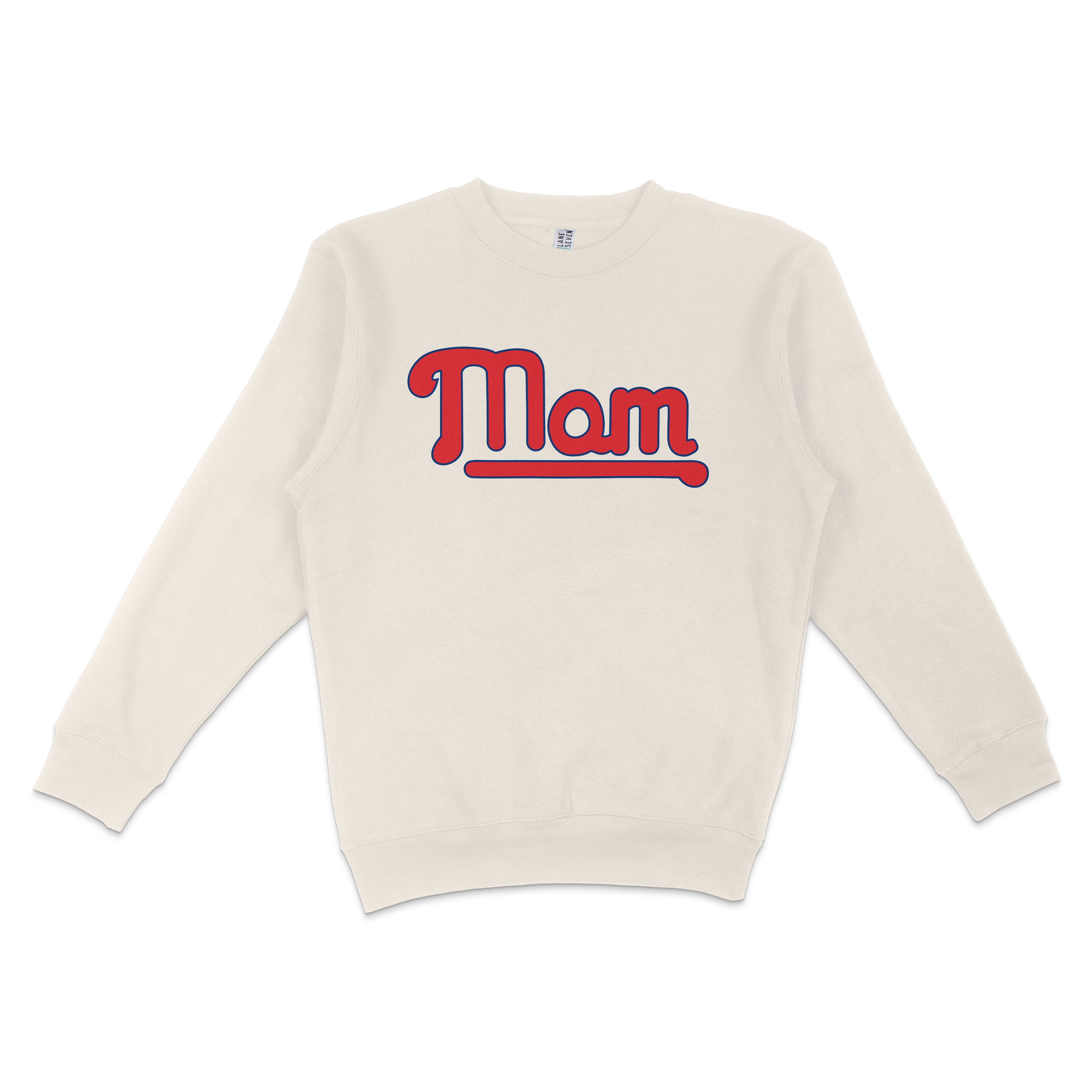 Cream-colored crewneck sweatshirt with "Mom" in bold red and blue retro-style lettering across the front.