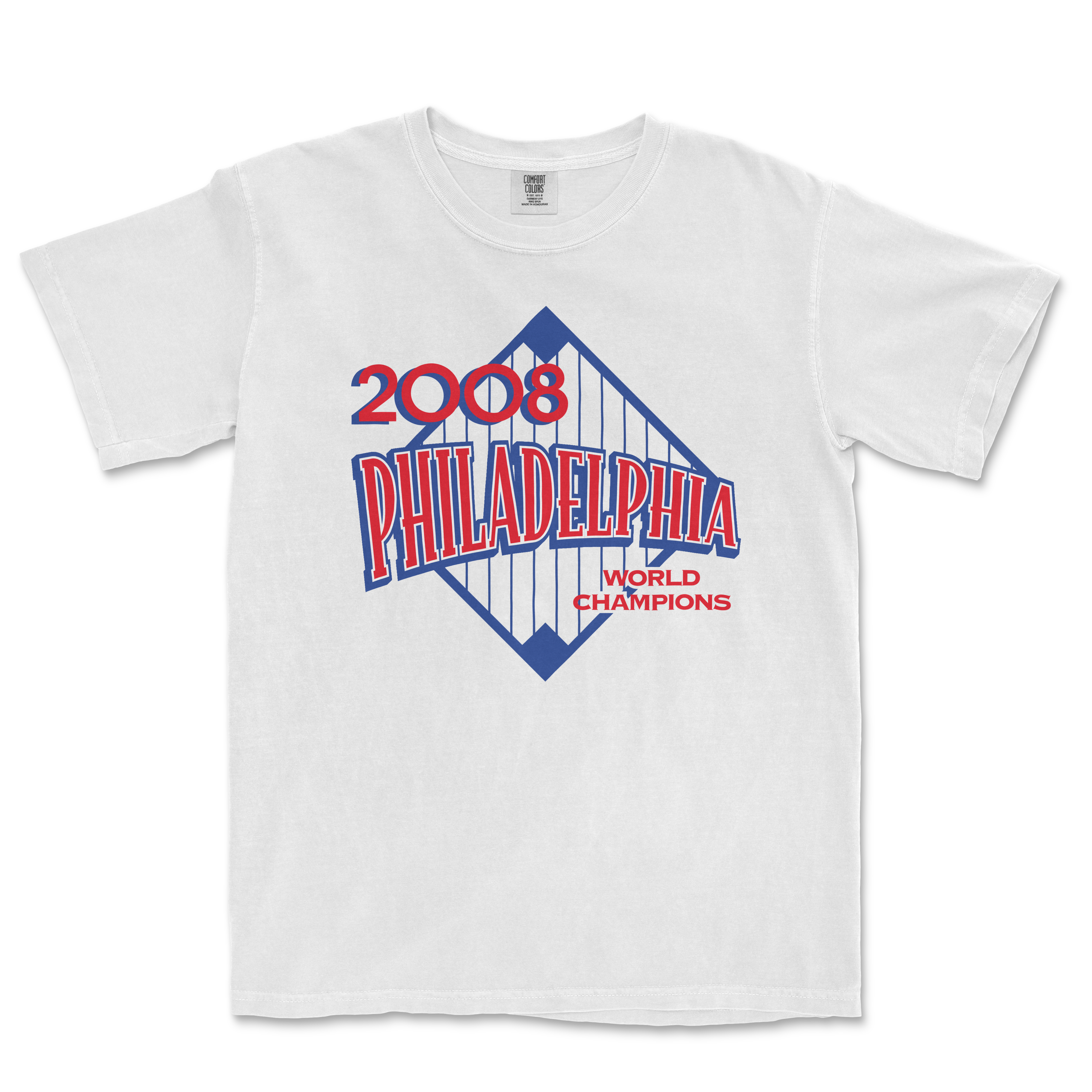 White T-shirt featuring a vintage-style graphic celebrating the 2008 Philadelphia World Champions with red and blue text and a bridge illustration.