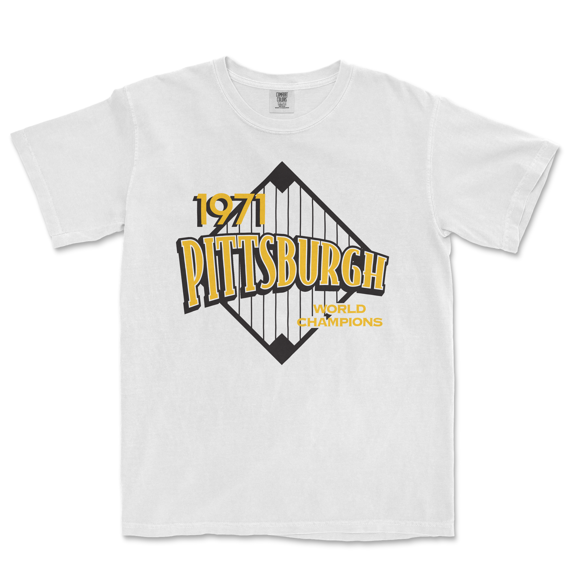White T-shirt featuring a vintage Pittsburgh 1971 World Champions graphic with a stylized bridge design in black, yellow, and gray.