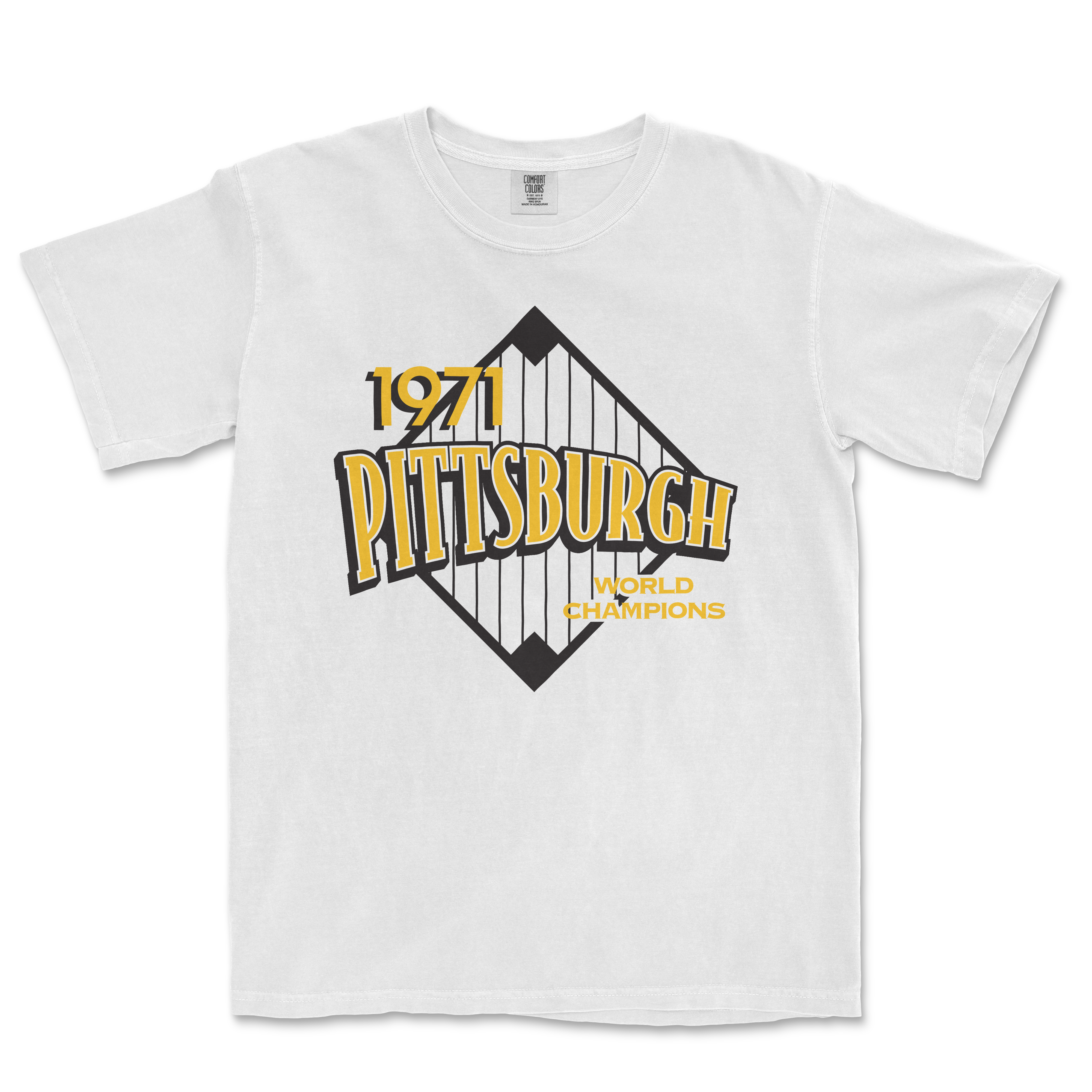 White T-shirt featuring a vintage Pittsburgh 1971 World Champions graphic with a stylized bridge design in black, yellow, and gray.