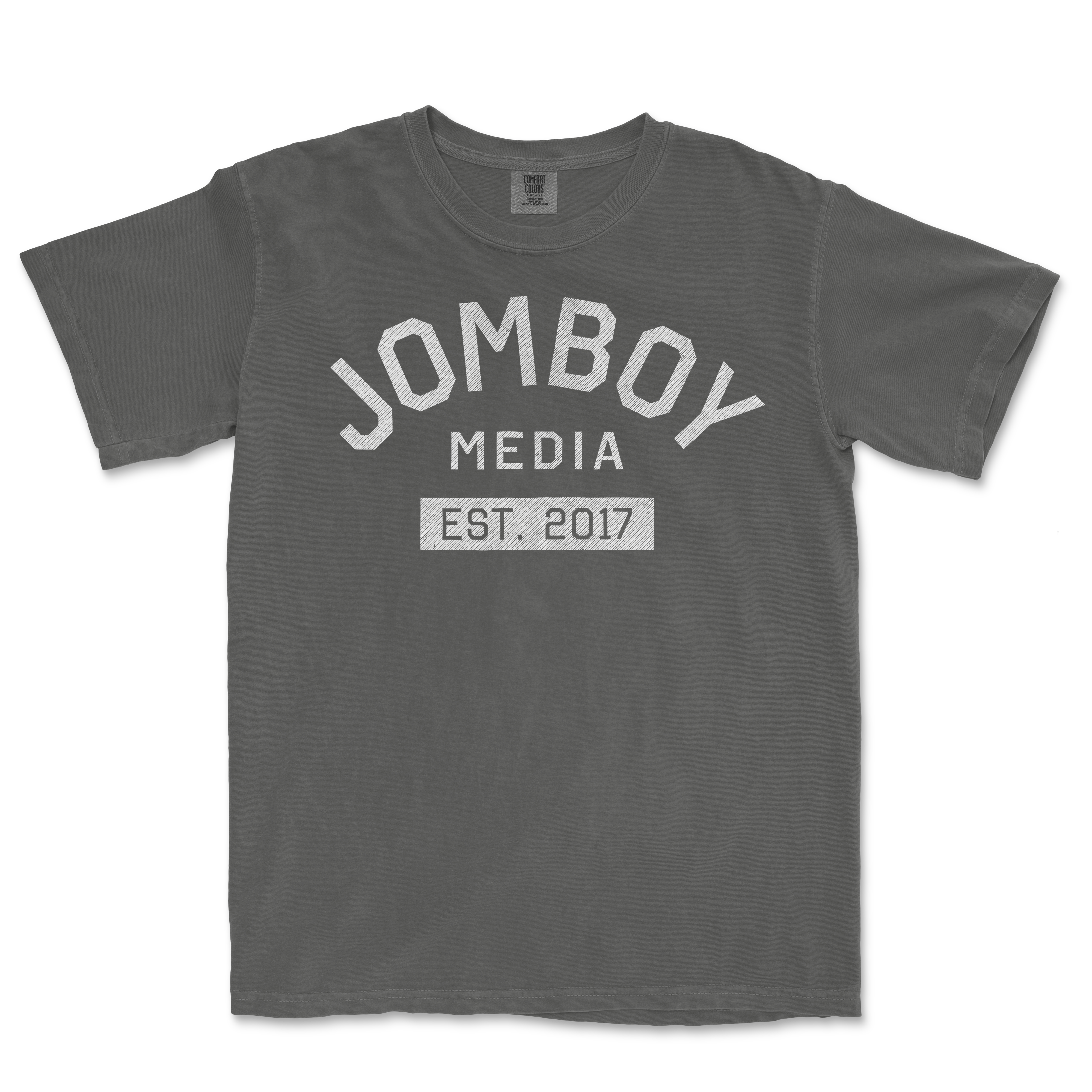 Gray Comfort Colors T-shirt featuring "Jomboy Media Est. 2017" printed in white on the front.