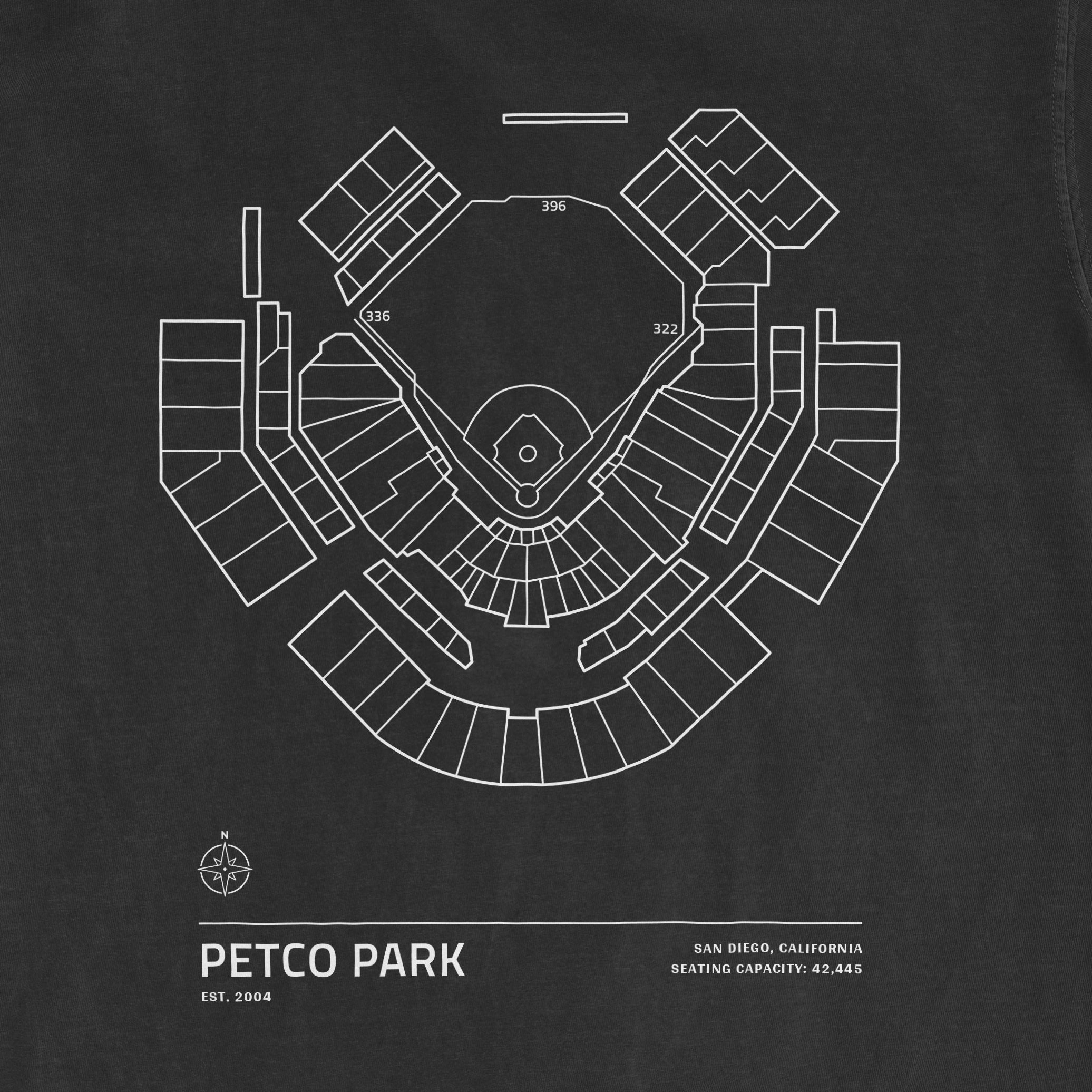Diagram of Petco Park stadium seating layout with section numbers, located in San Diego, California, capacity 42,445.
