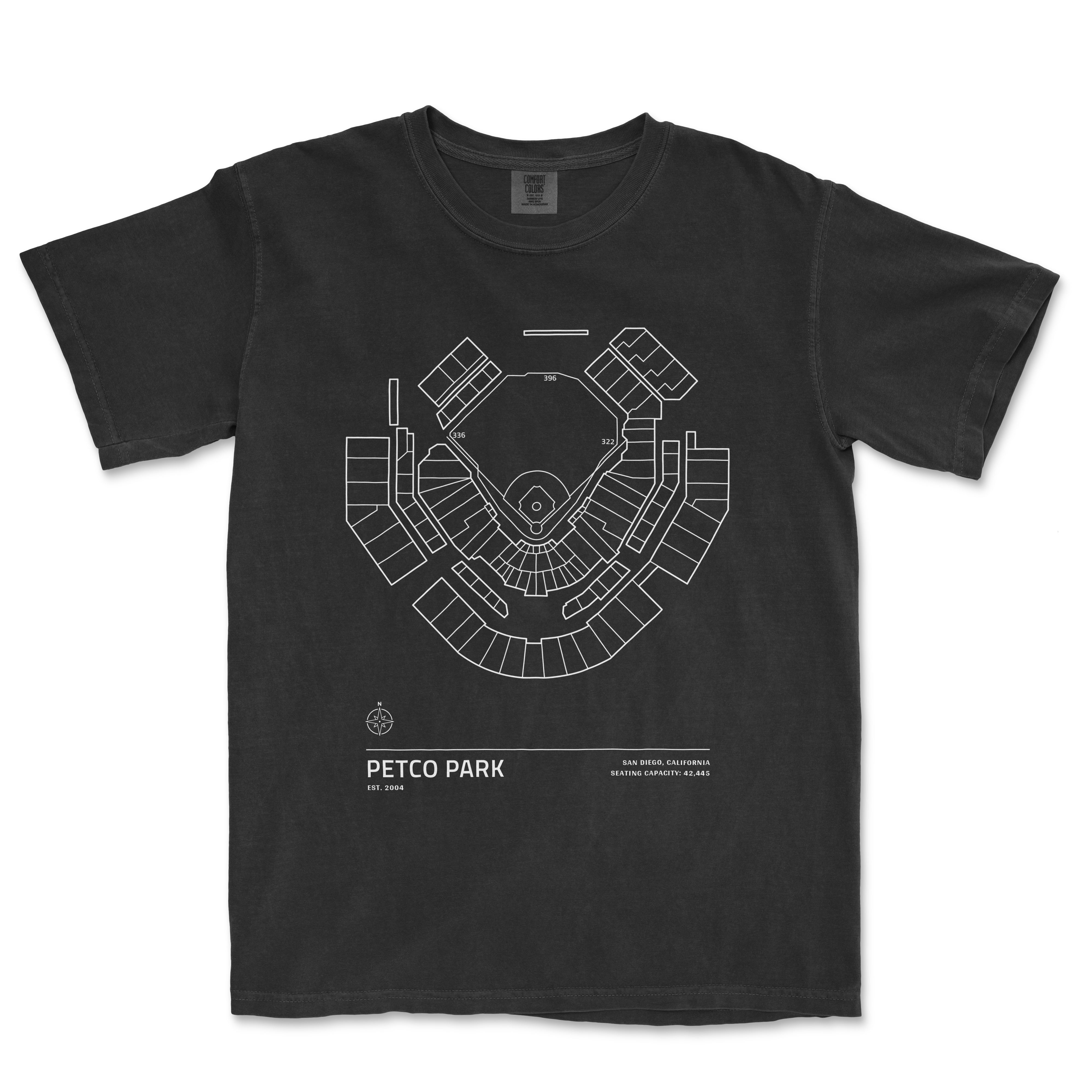 Black T-shirt featuring a white line drawing of Petco Park stadium seating chart, with "Petco Park" and location details below.