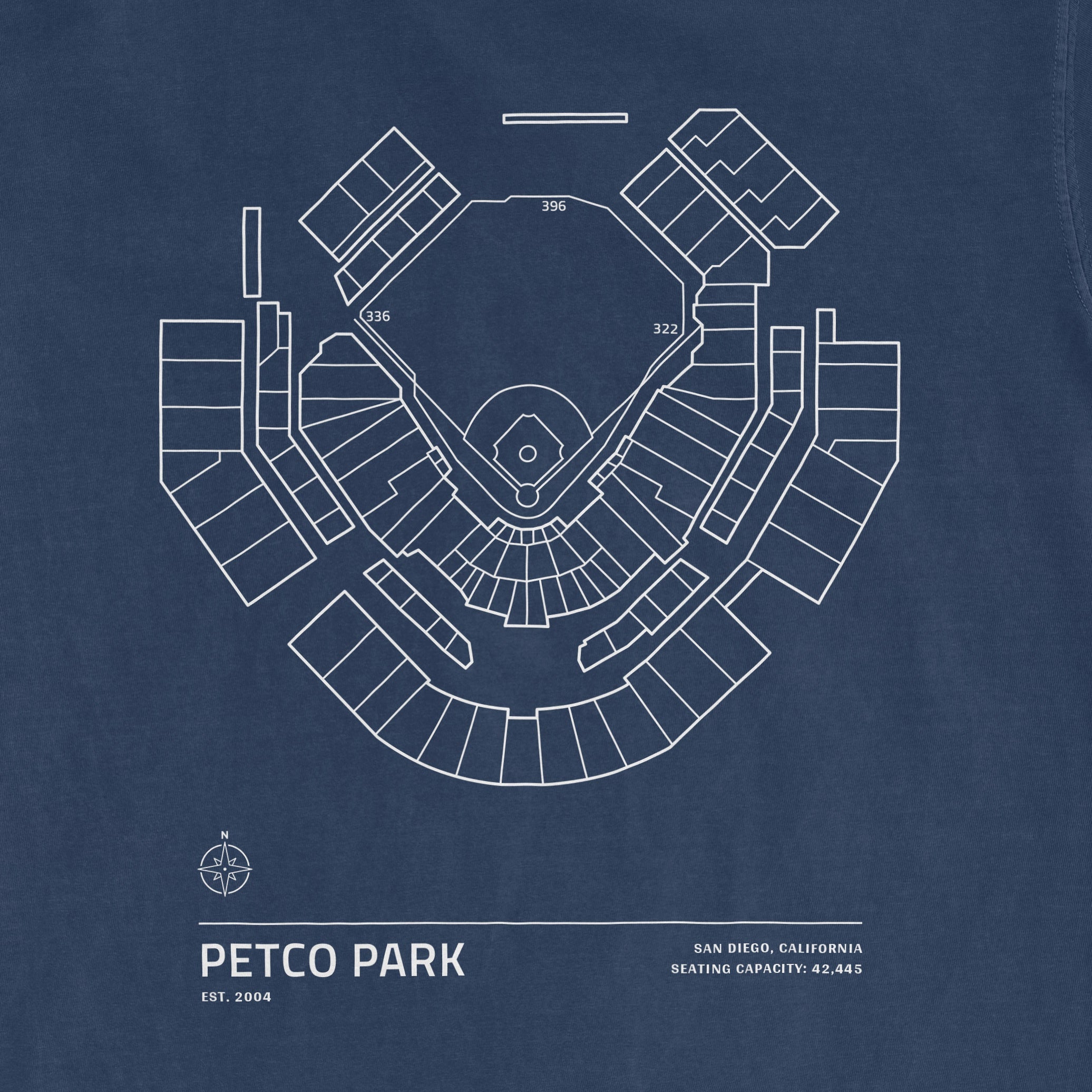 Diagram of Petco Park stadium seating layout, showing sections, distances, and seating capacity in San Diego, California.