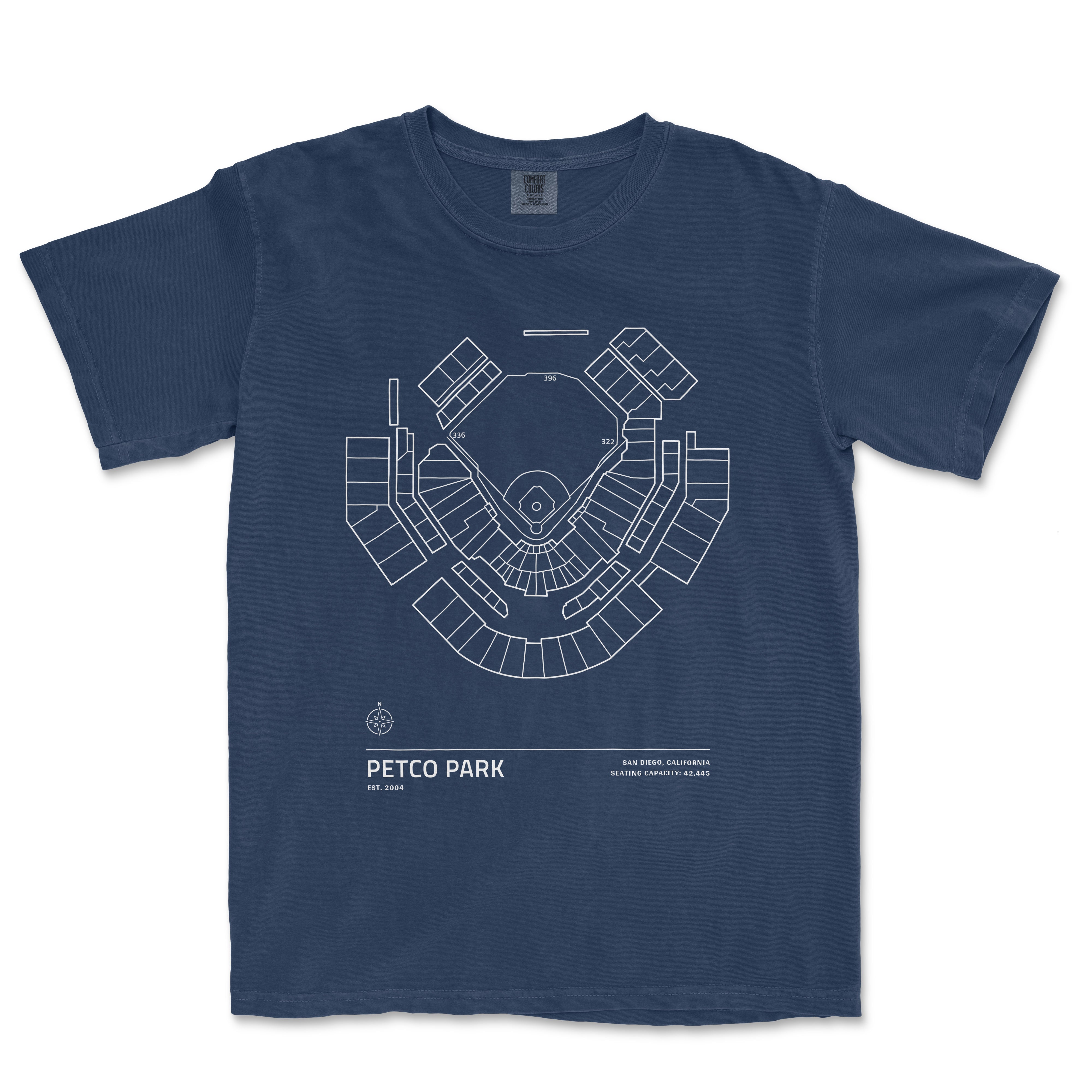 Blue Petco Park Stadium Collection T-shirt featuring a white line drawing of the stadium seating chart and location details.
