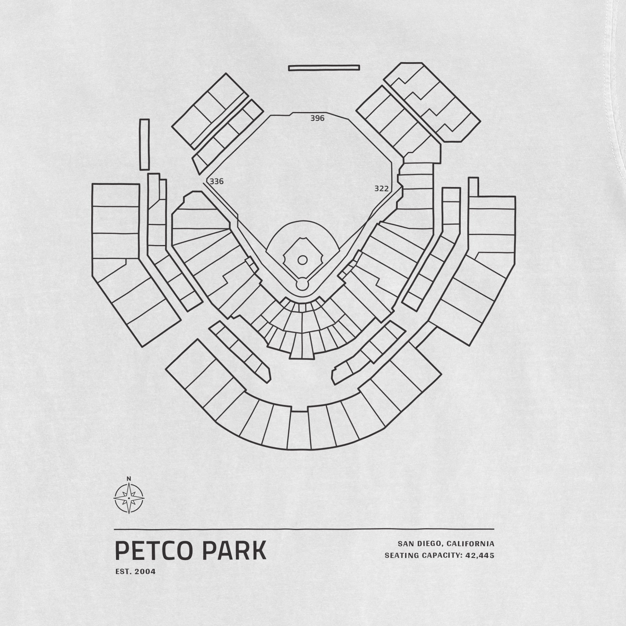 Black and white stadium seating chart of Petco Park in San Diego, California, showing seating sections and capacity details.