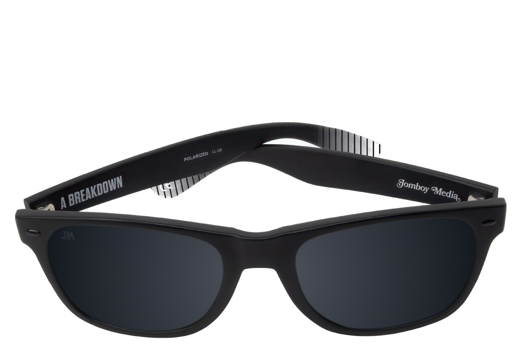 Black Shady Rays "The Jimmy" polarized sunglasses with dark lenses and branded arms, designed for stylish sun protection.