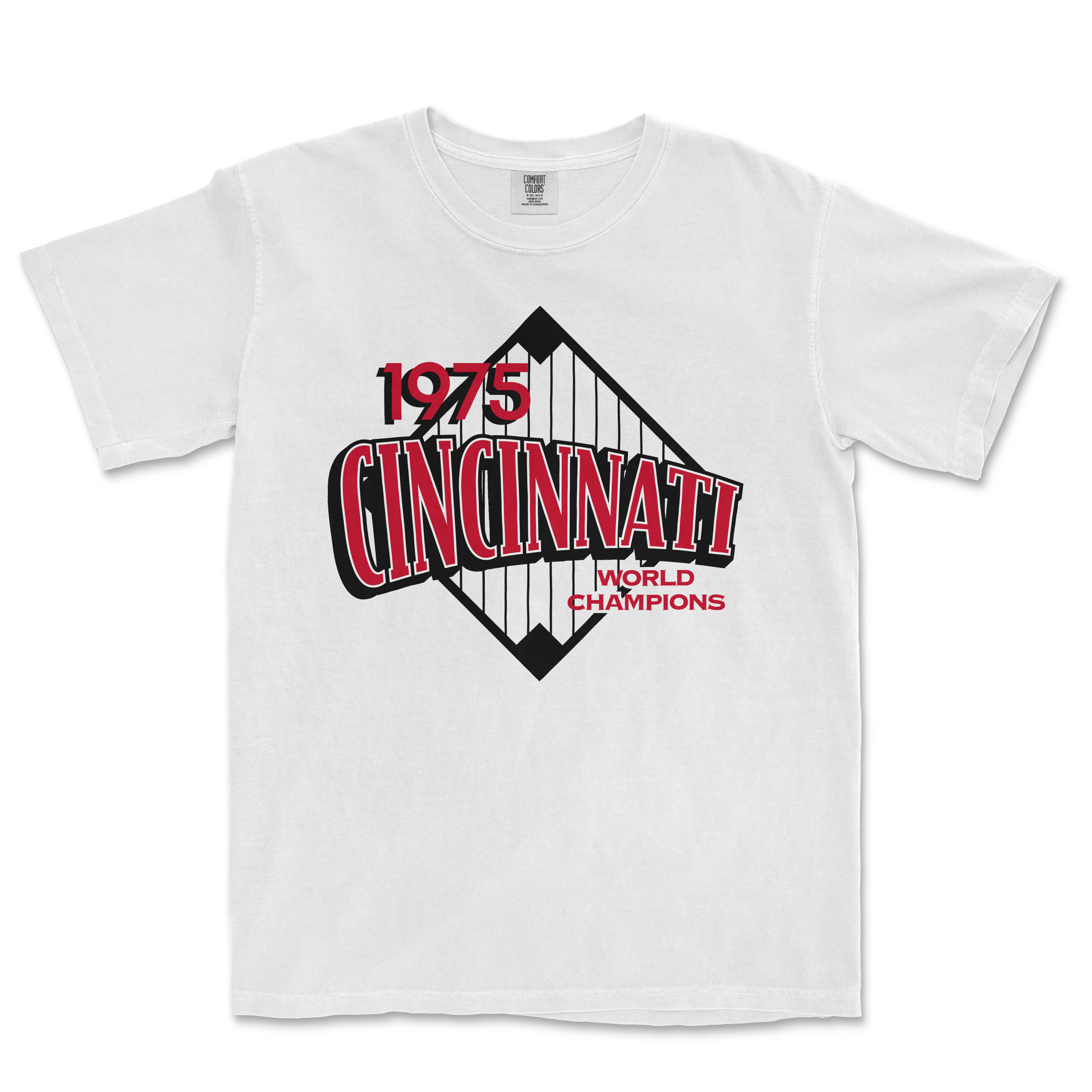 White Comfort Colors tee featuring a Cincinnati 1975 World Champions graphic with a bridge illustration.