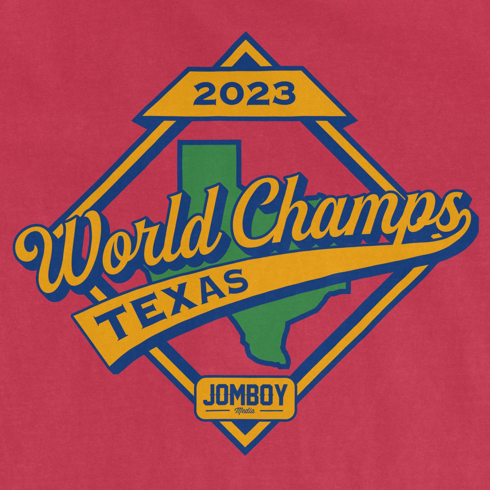 Retro-style Texas Champs logo celebrating 2023, featuring a green Texas outline, bold blue and yellow text, on a red background.