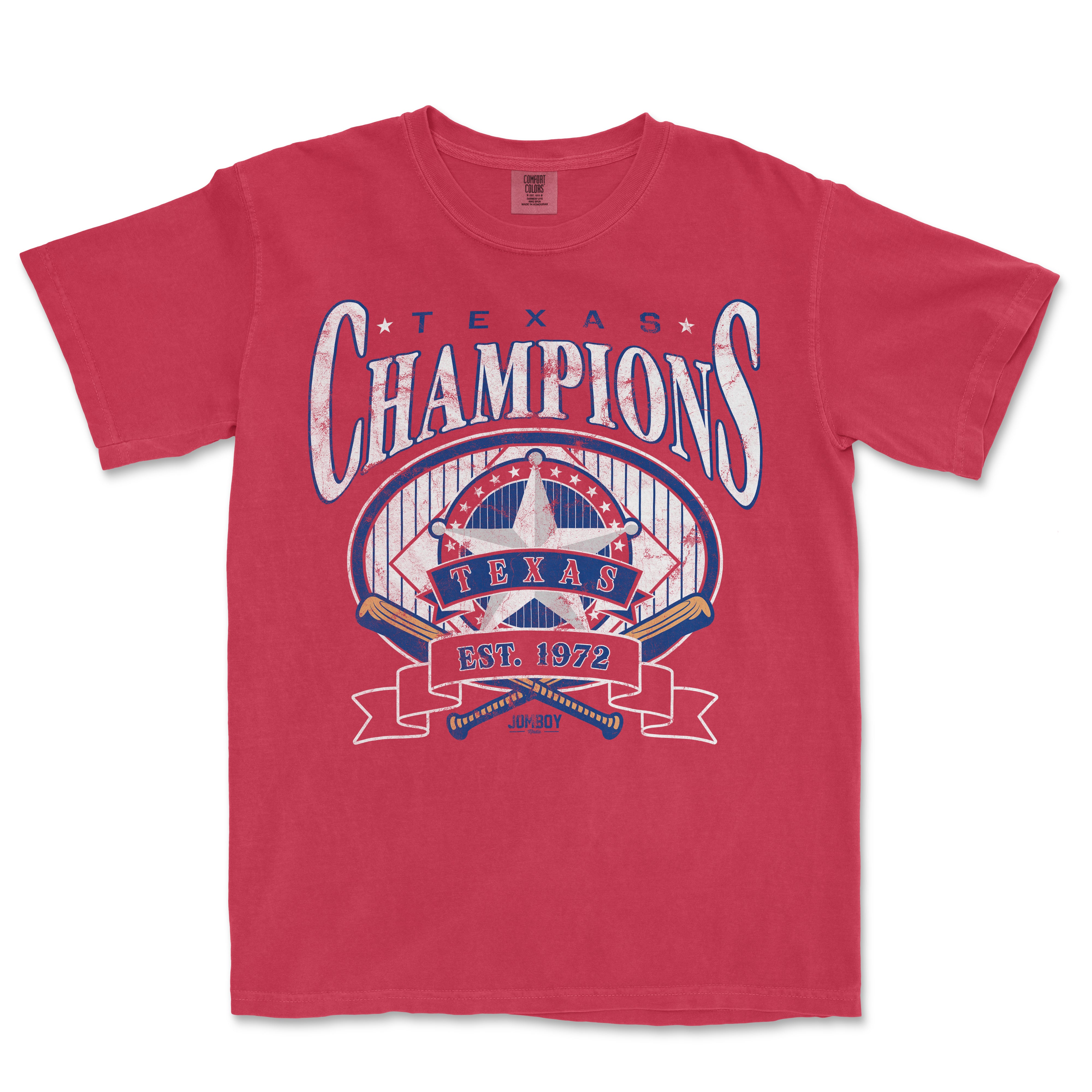 Red Comfort Colors tee featuring a vintage-style "Long Time Comin'" Texas Champions design with a star, baseball bats, and "EST. 1972" text.