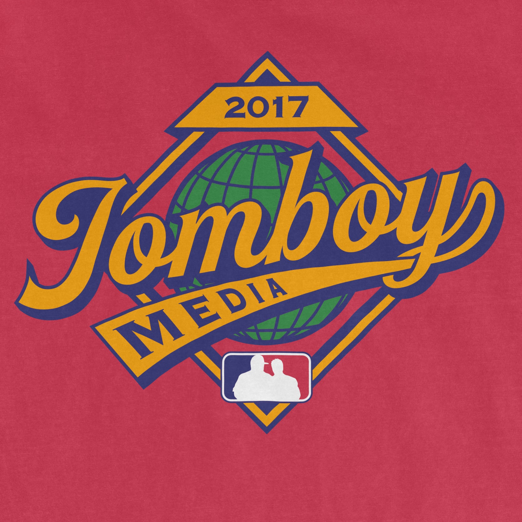 Red Comfort Colors T-shirt featuring a colorful "Jomboy Media" logo with a globe, "2017," and MLB silhouette.