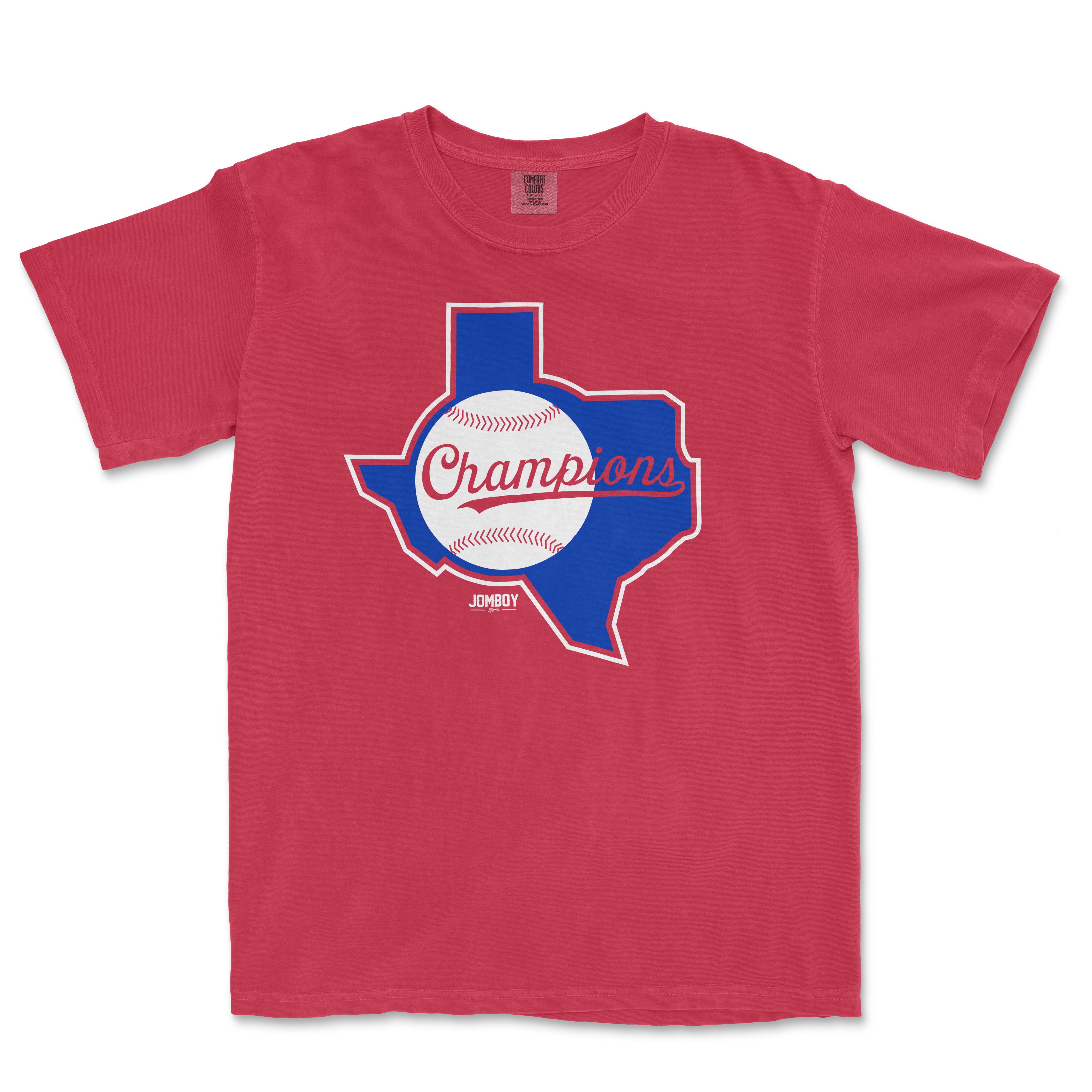 Red T-shirt featuring a Texas outline with a baseball and the word "Champions" in red and blue lettering.