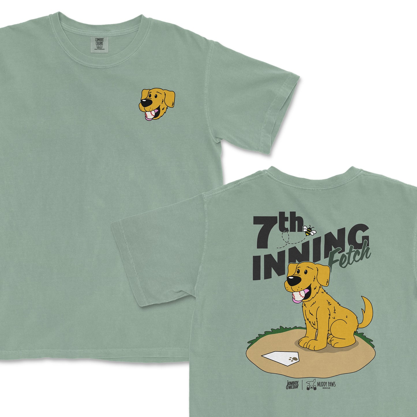 Light green t-shirt featuring a cartoon Golden Retriever with the text "7th Inning Fetch" on the back.
