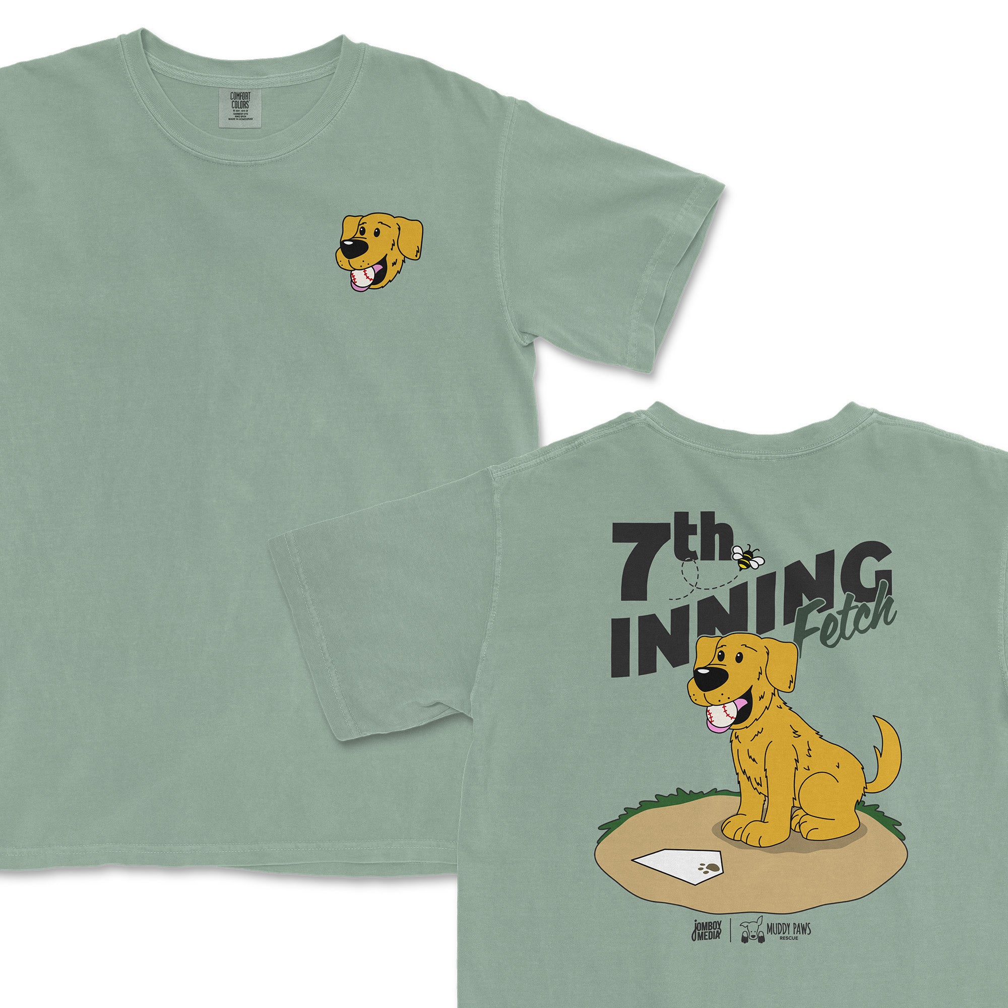 Light green t-shirt featuring a cartoon Golden Retriever with the text "7th Inning Fetch" on the back.