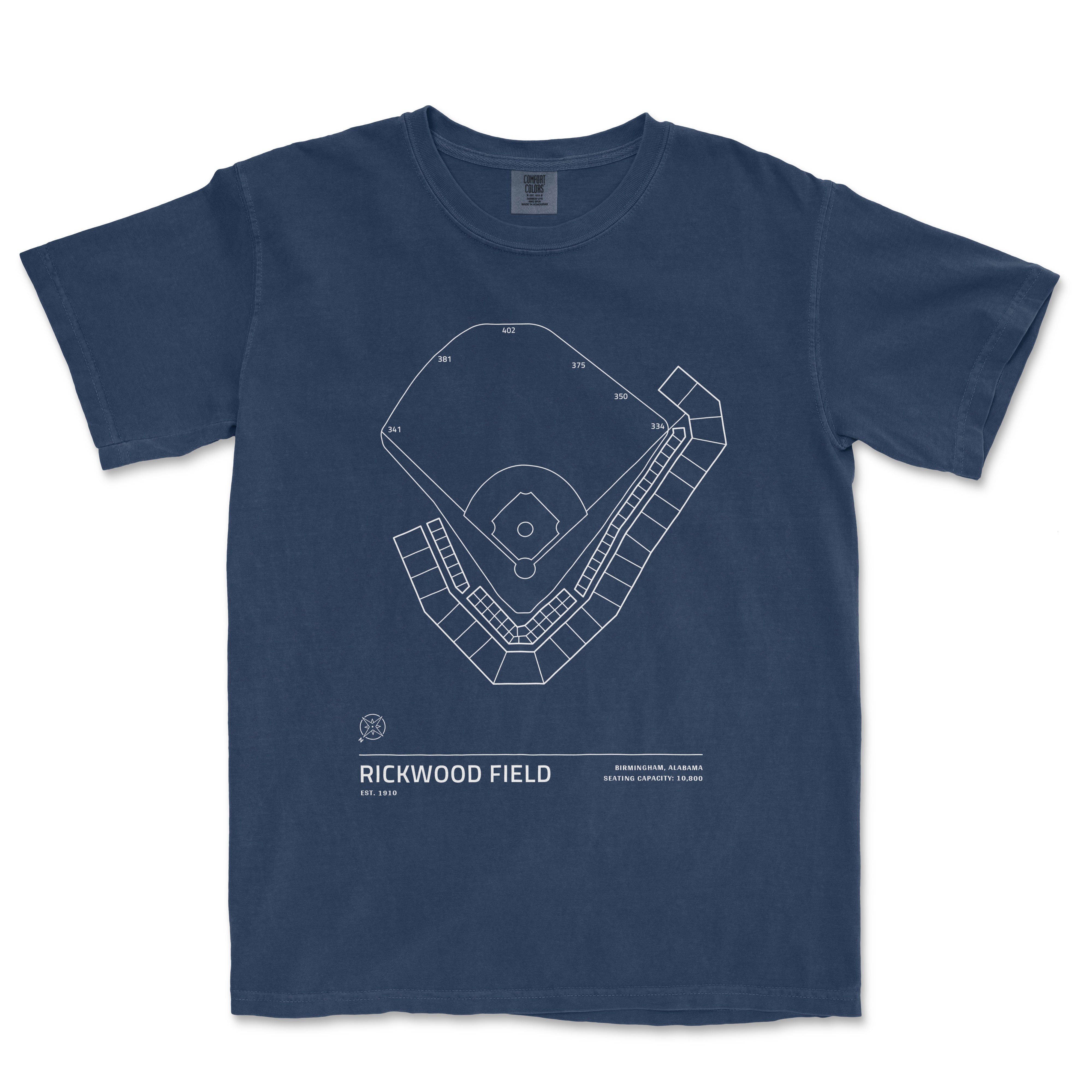 Navy T-shirt featuring a white line drawing of Rickwood Field's baseball stadium layout with seating and field details.