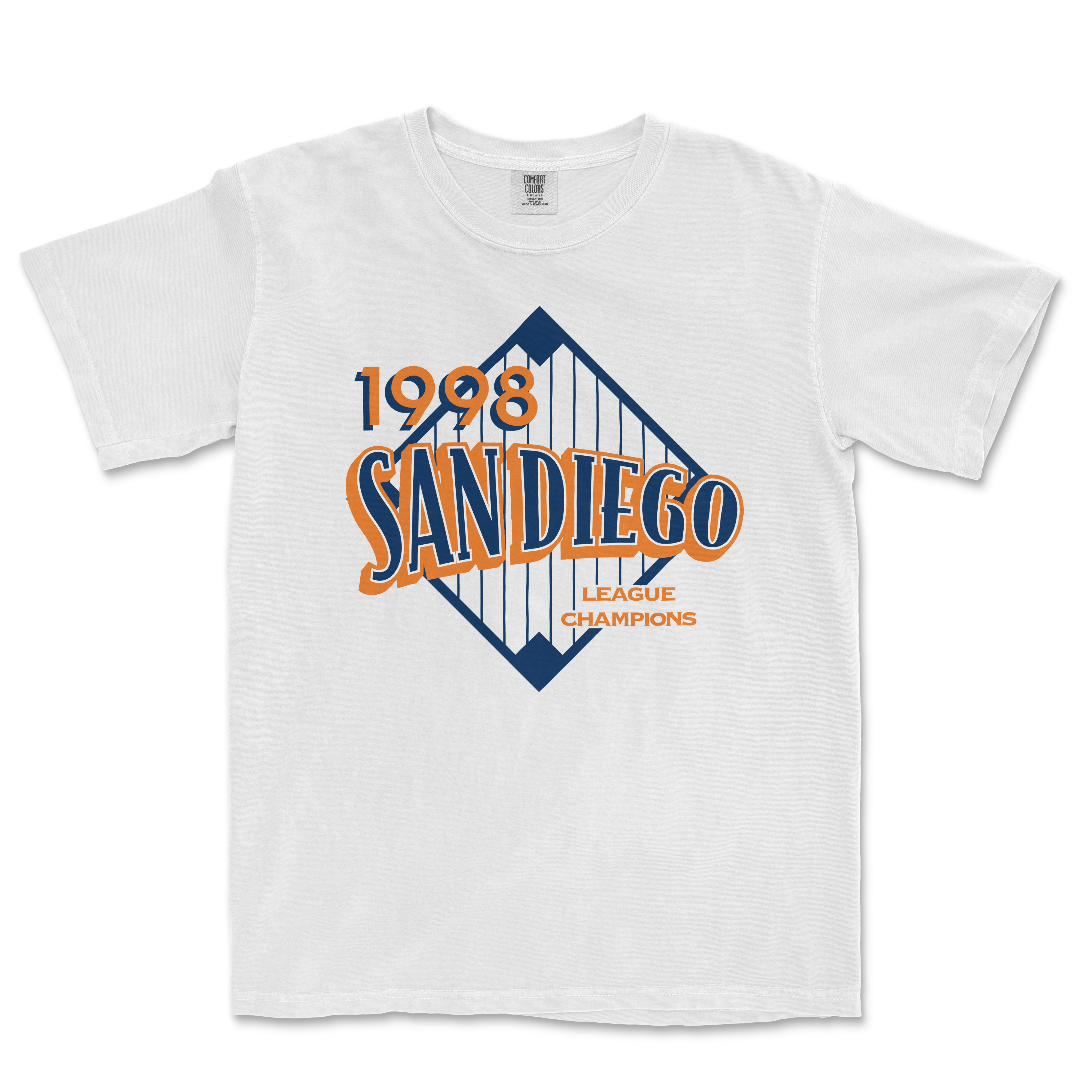 White T-shirt featuring a vintage San Diego 1998 league champions design with a stylized bridge graphic in blue and orange.
