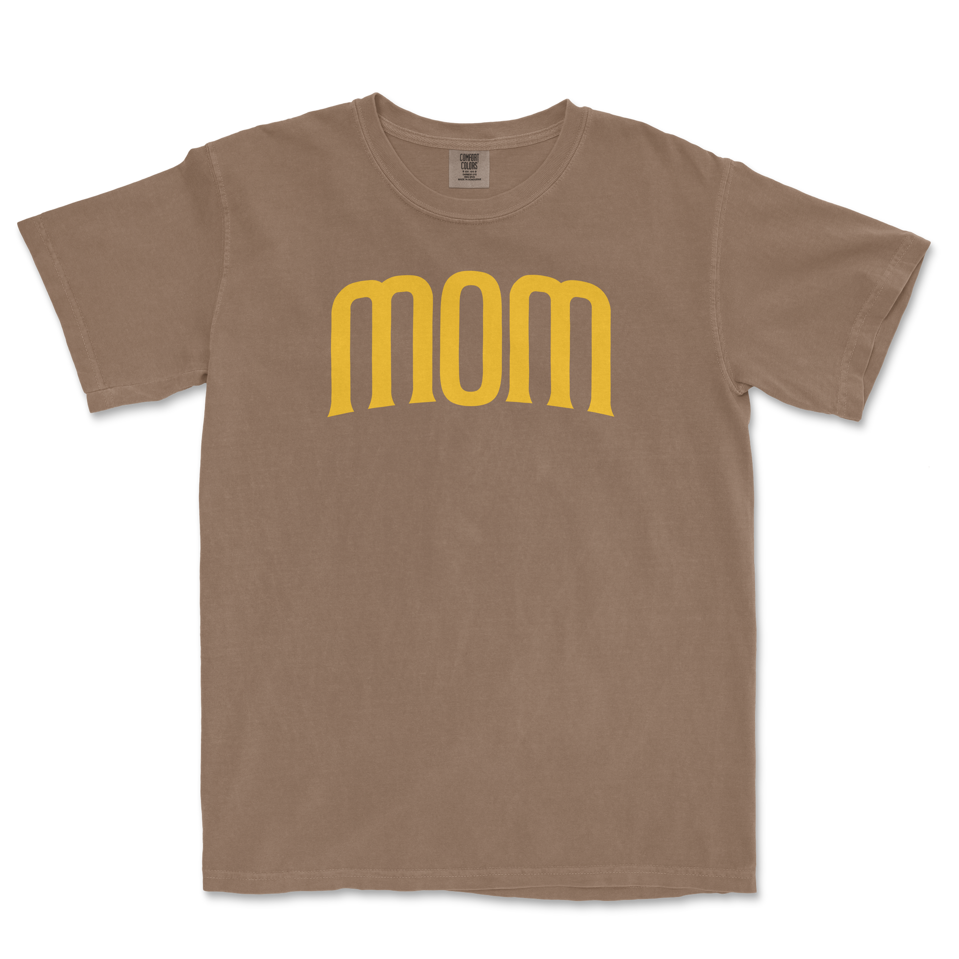 Beige T-shirt with the word "mom" in large, yellow, stylized font across the front, celebrating a San Diego baseball mom.