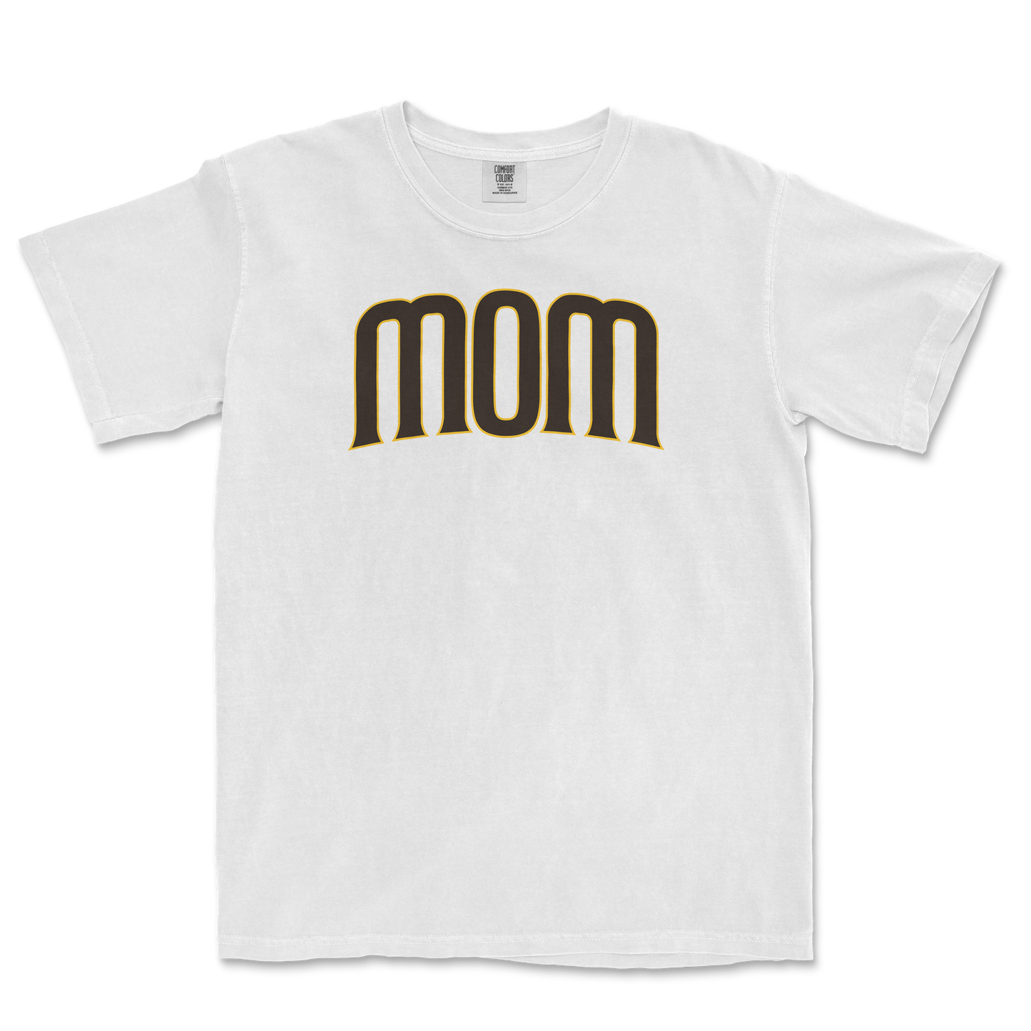 White T-shirt with "Mom" printed in bold black and gold letters across the front, celebrating a San Diego baseball mom.