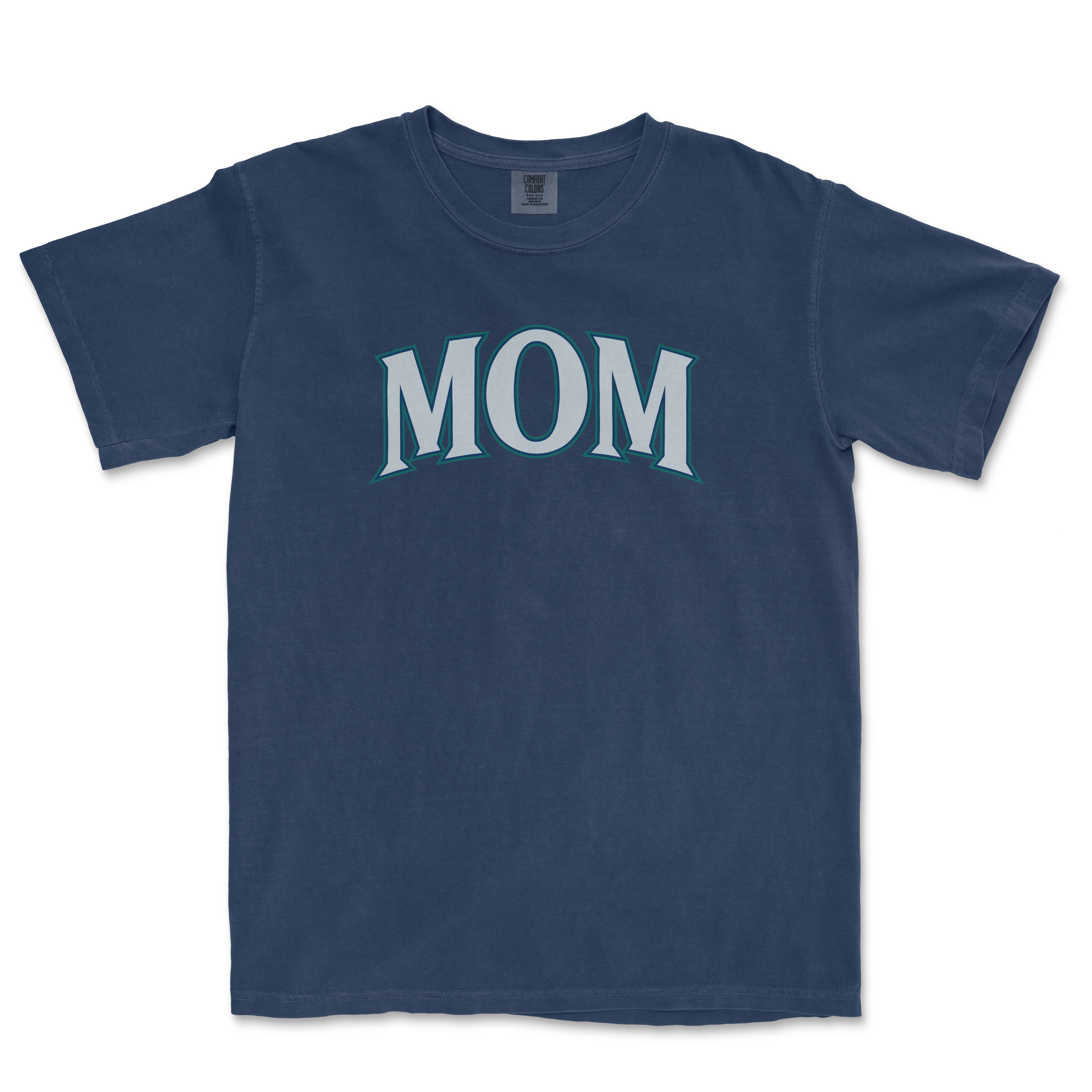 Blue T-shirt with "MOM" printed in large, stylized gray letters outlined in teal, perfect for a Seattle baseball mom.