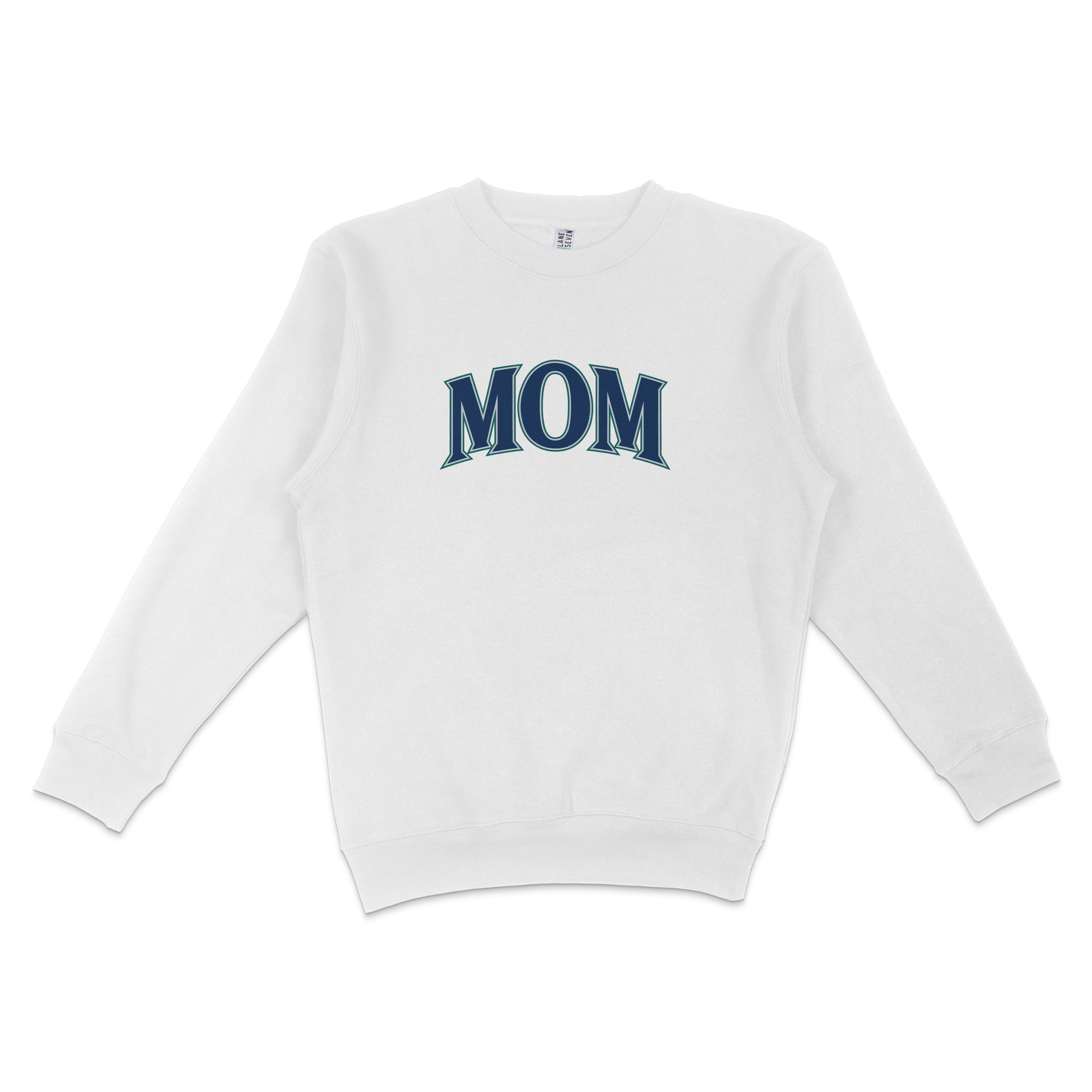 White sweatshirt with "MOM" in bold blue letters on the front, designed for a Seattle baseball mom.