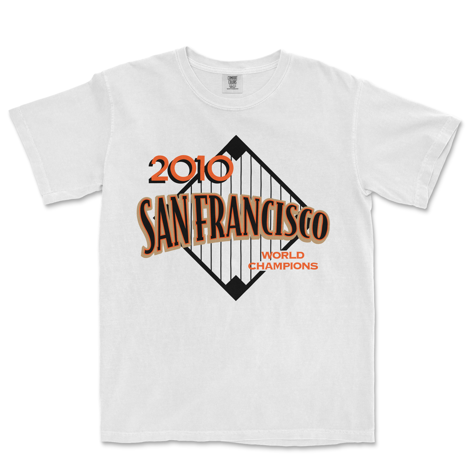 White T-shirt featuring a vintage-style graphic design celebrating the 2010 San Francisco World Champions, with a bridge illustration.