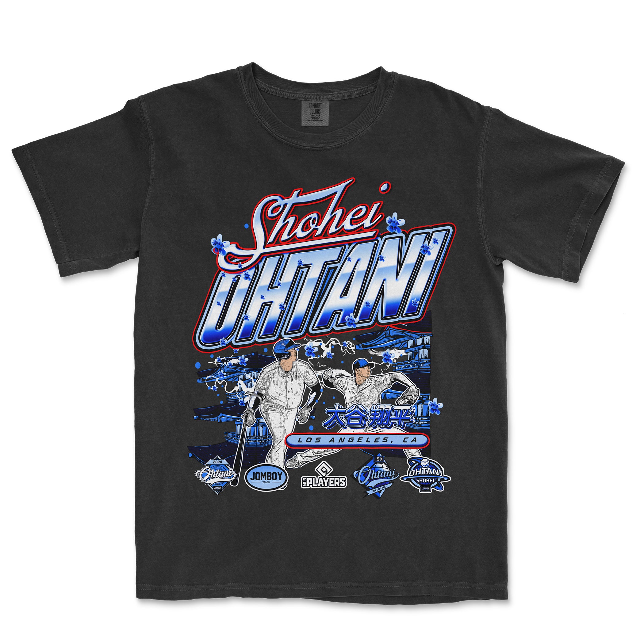 Black T-shirt featuring a colorful graphic design of Shohei Ohtani, with Japanese characters, baseball players, and "Los Angeles, CA" text.