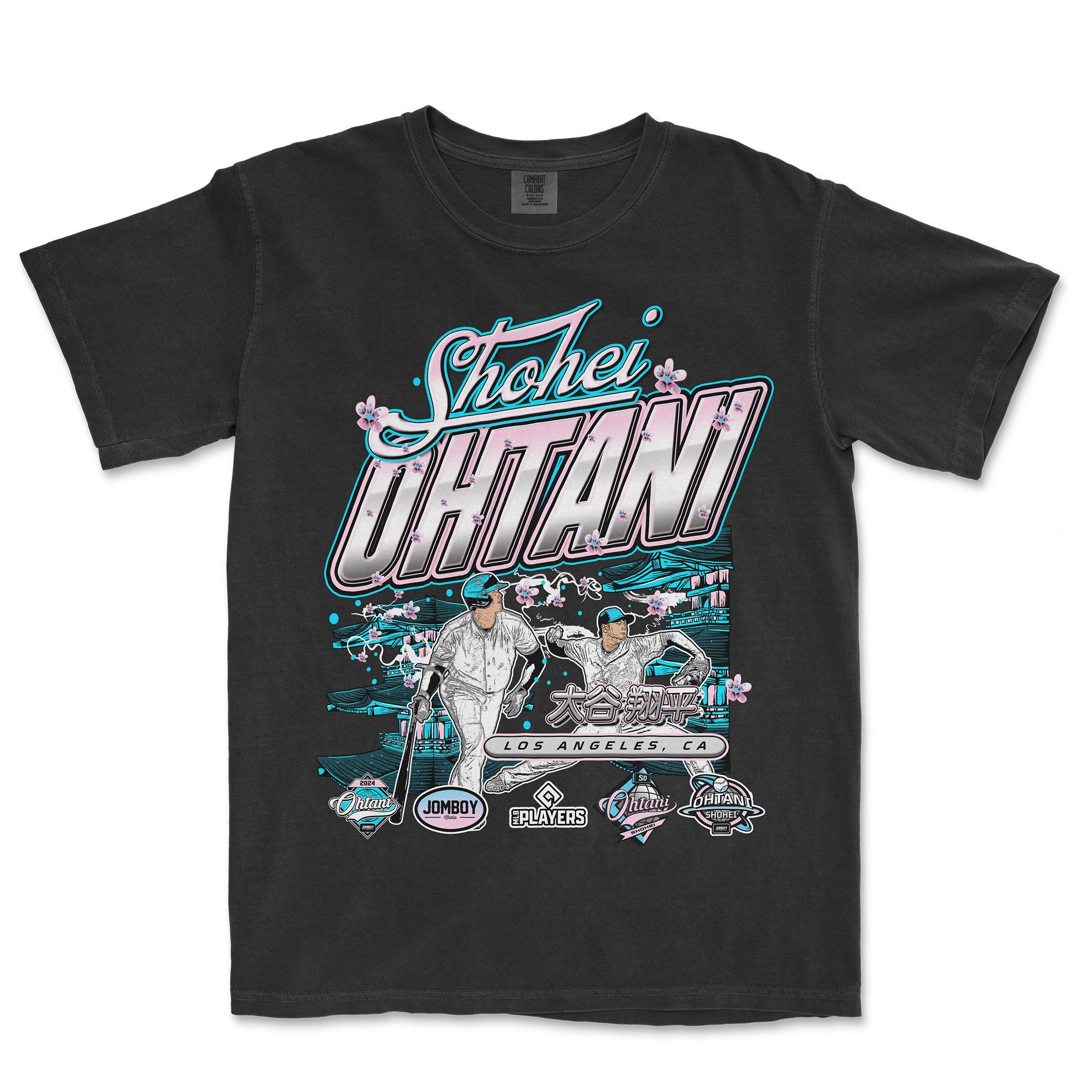 Black T-shirt featuring pastel-colored graphic design of Shohei Ohtani, with cherry blossoms, Japanese characters, and Los Angeles, CA text.