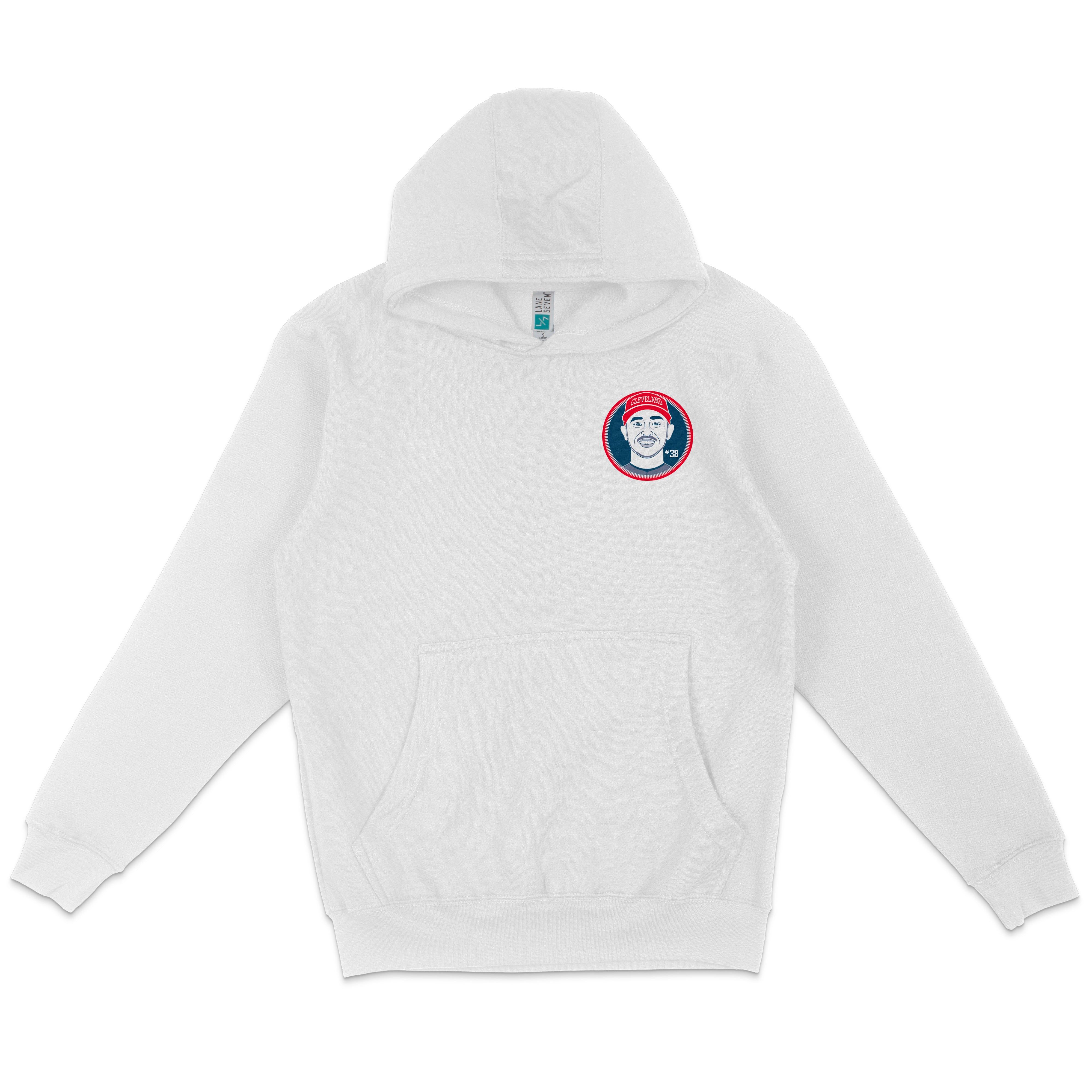 White pullover fleece hoodie featuring a Cleveland Cavaliers logo patch on the chest with a smiling player's face and team details.