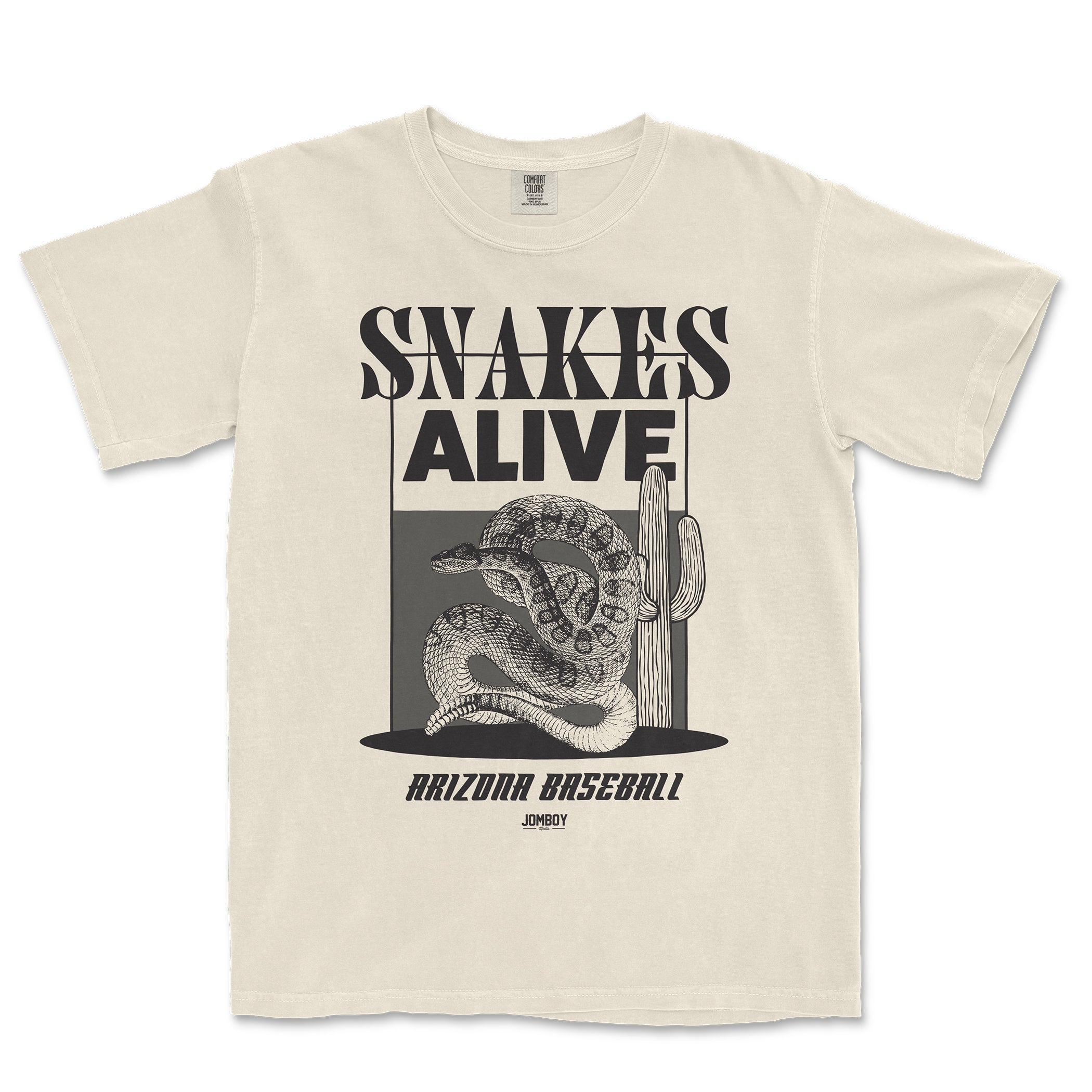 Beige T-shirt featuring a black-and-white graphic of a snake coiled around a cactus with the text "Snakes Really Alive" and "Arizona Baseball.