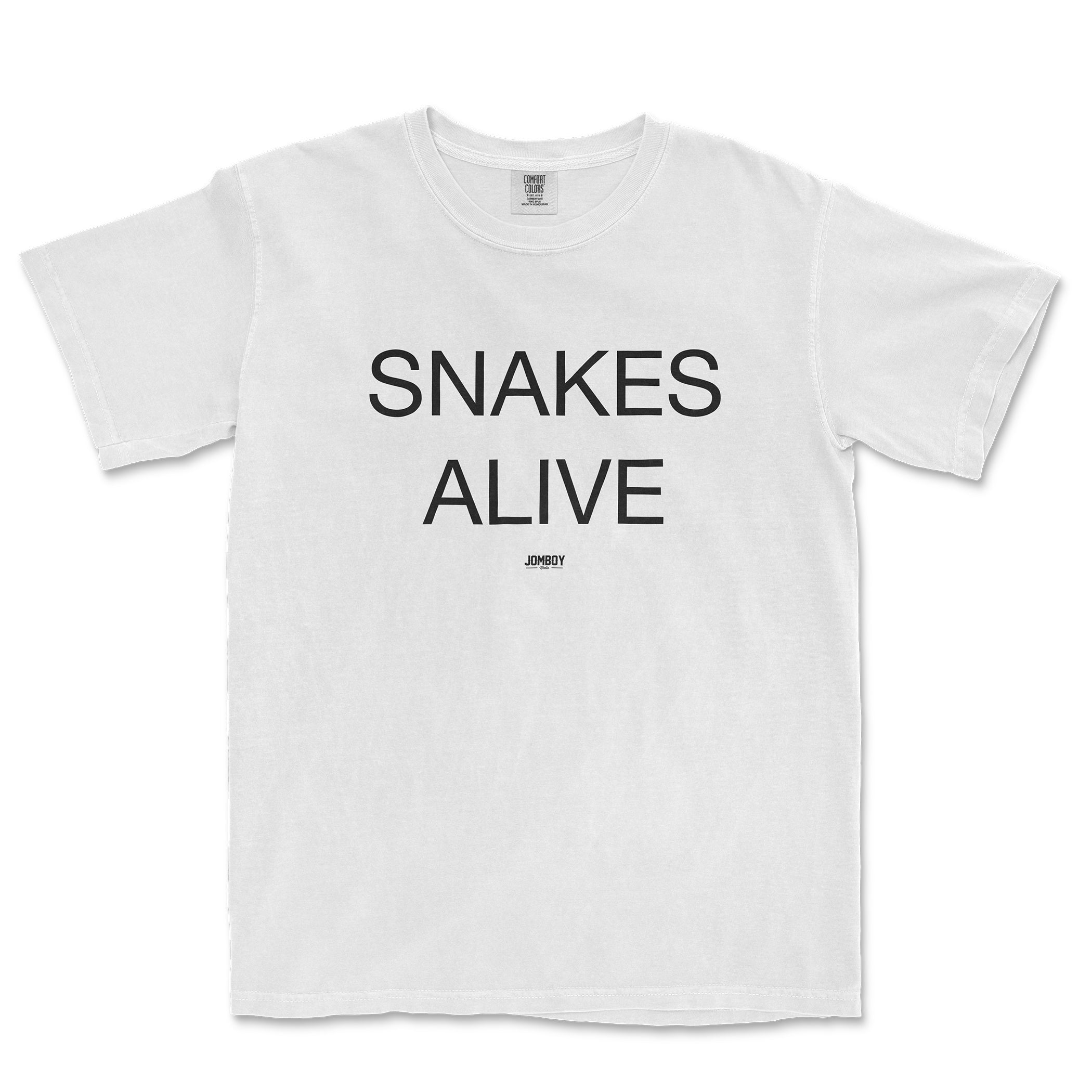 White T-shirt with bold black text reading "SNAKES ALIVE" and a small "JOMBOY" logo below.
