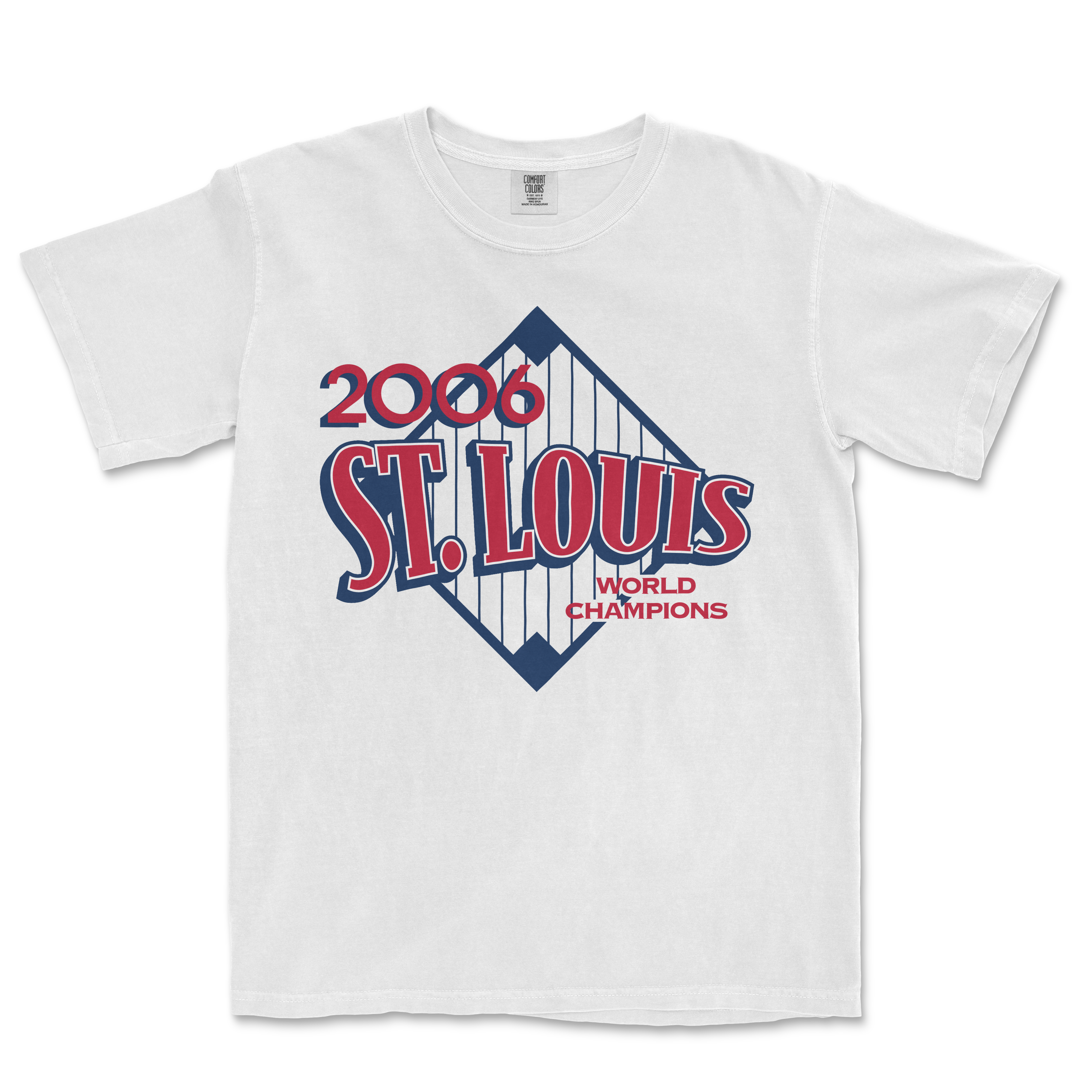 White T-shirt featuring a vintage design celebrating the 2006 St. Louis Cardinals as World Champions, with bold red and blue graphics.