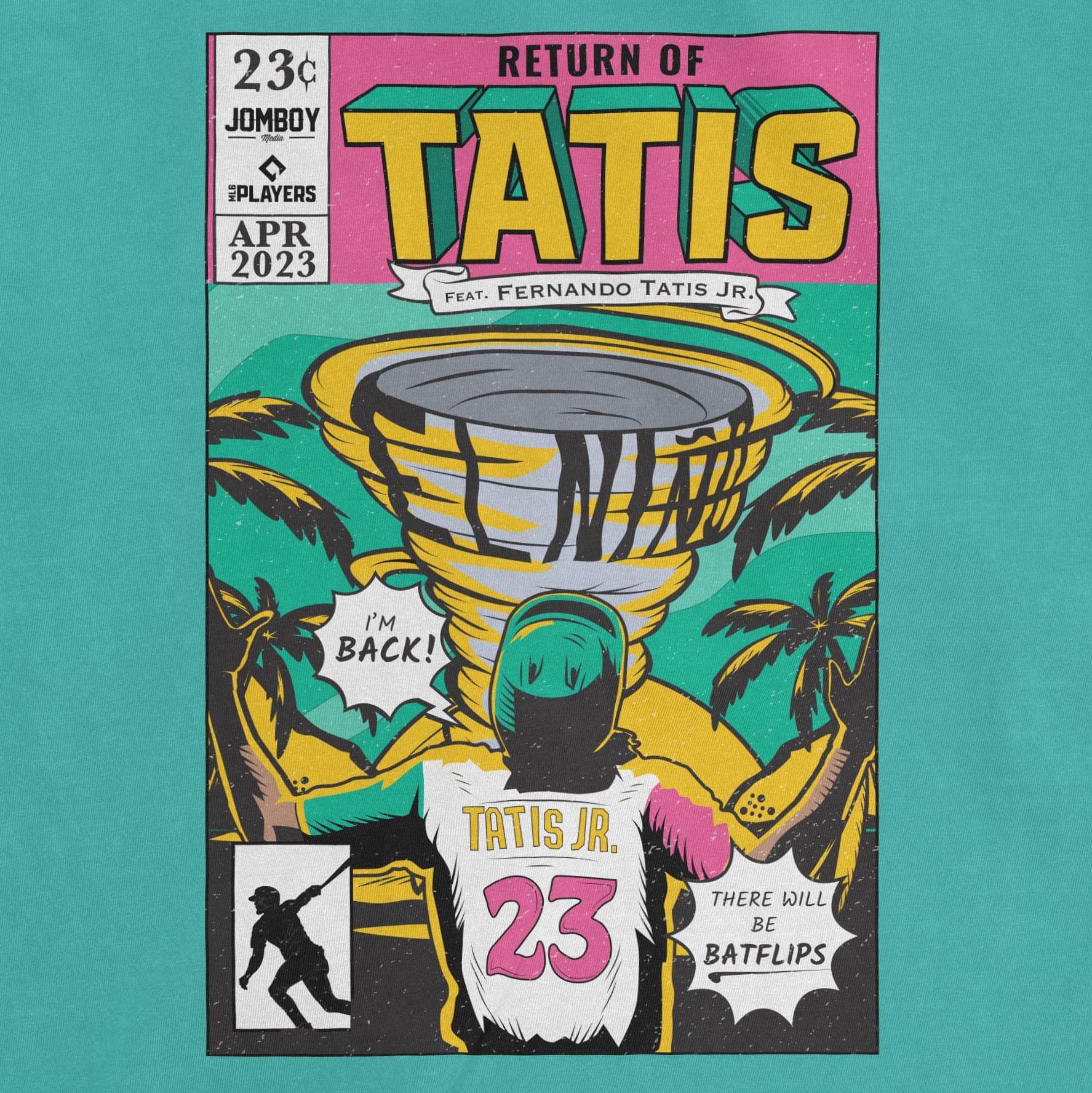 Alt text: "Return of Tatís" Comfort Colors T-shirt featuring a vibrant, comic book-style design with the text "Return of Tatís, April 2023" and an illustration of Fernando Tatís Jr. in a baseball uniform with a
