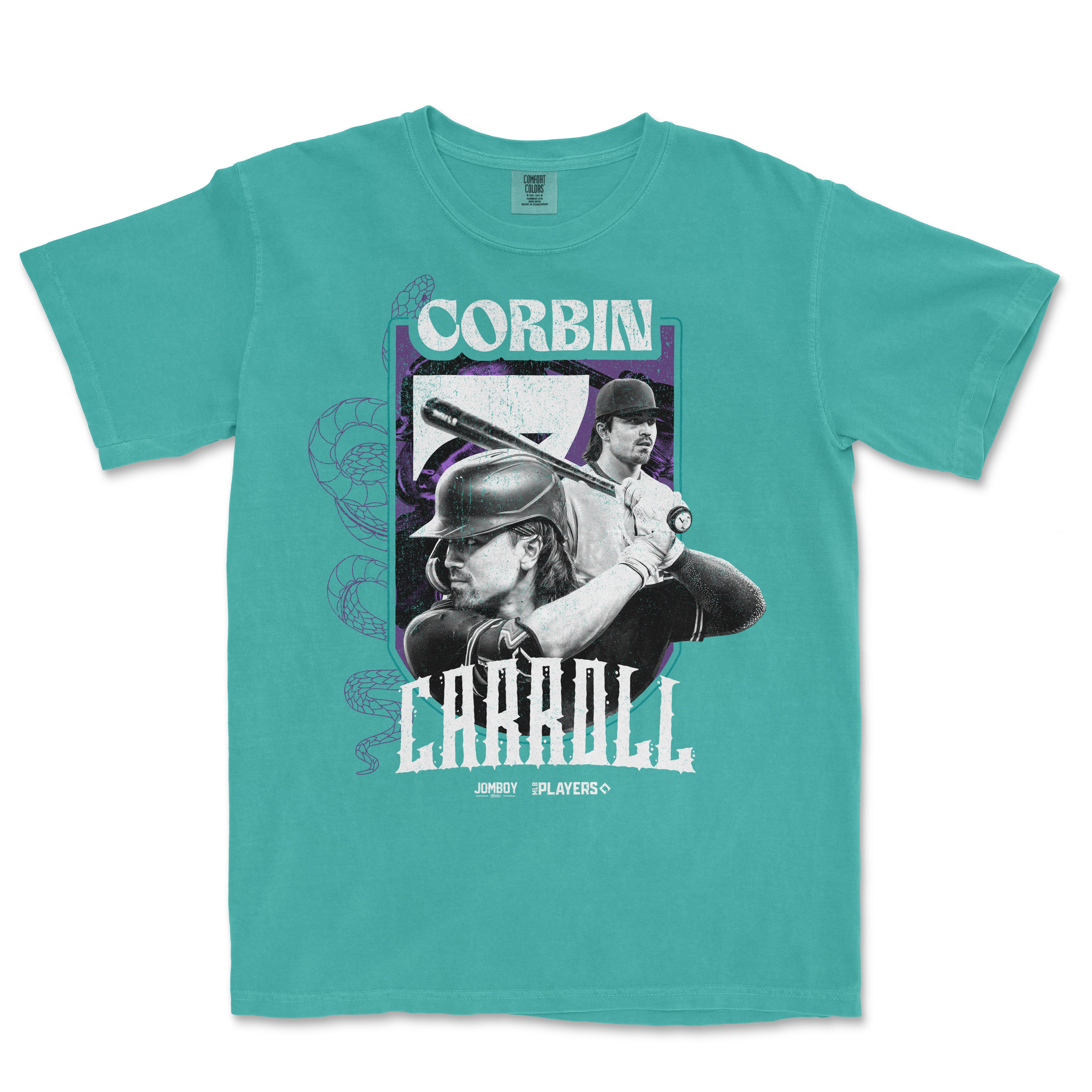 A teal T-shirt featuring a graphic of Corbin Carroll, a baseball player, with a snake illustration and bold text design.