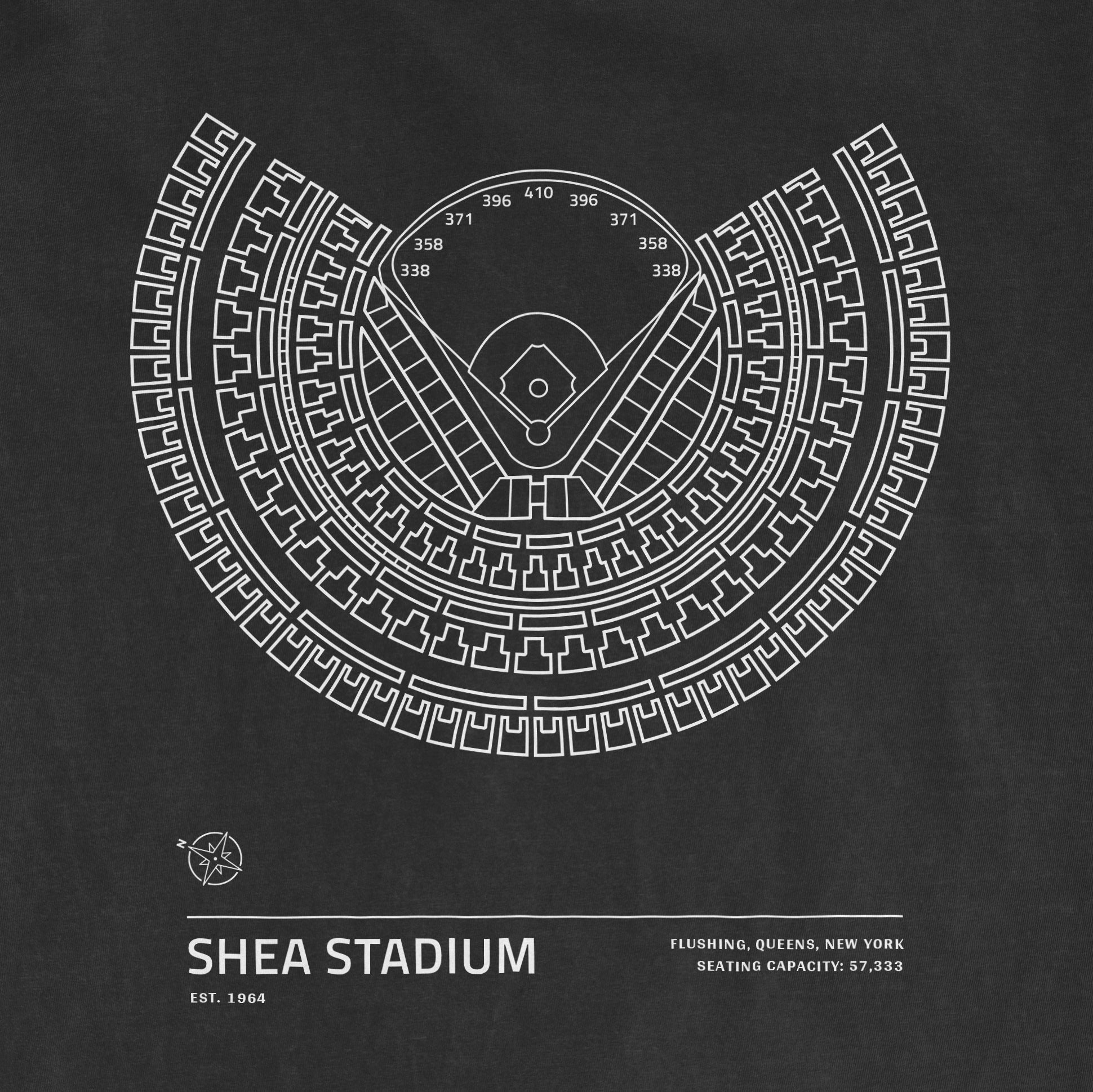 Line drawing of Shea Stadium seating chart with capacity info, located in Flushing, Queens, New York, from the Stadium Collection.