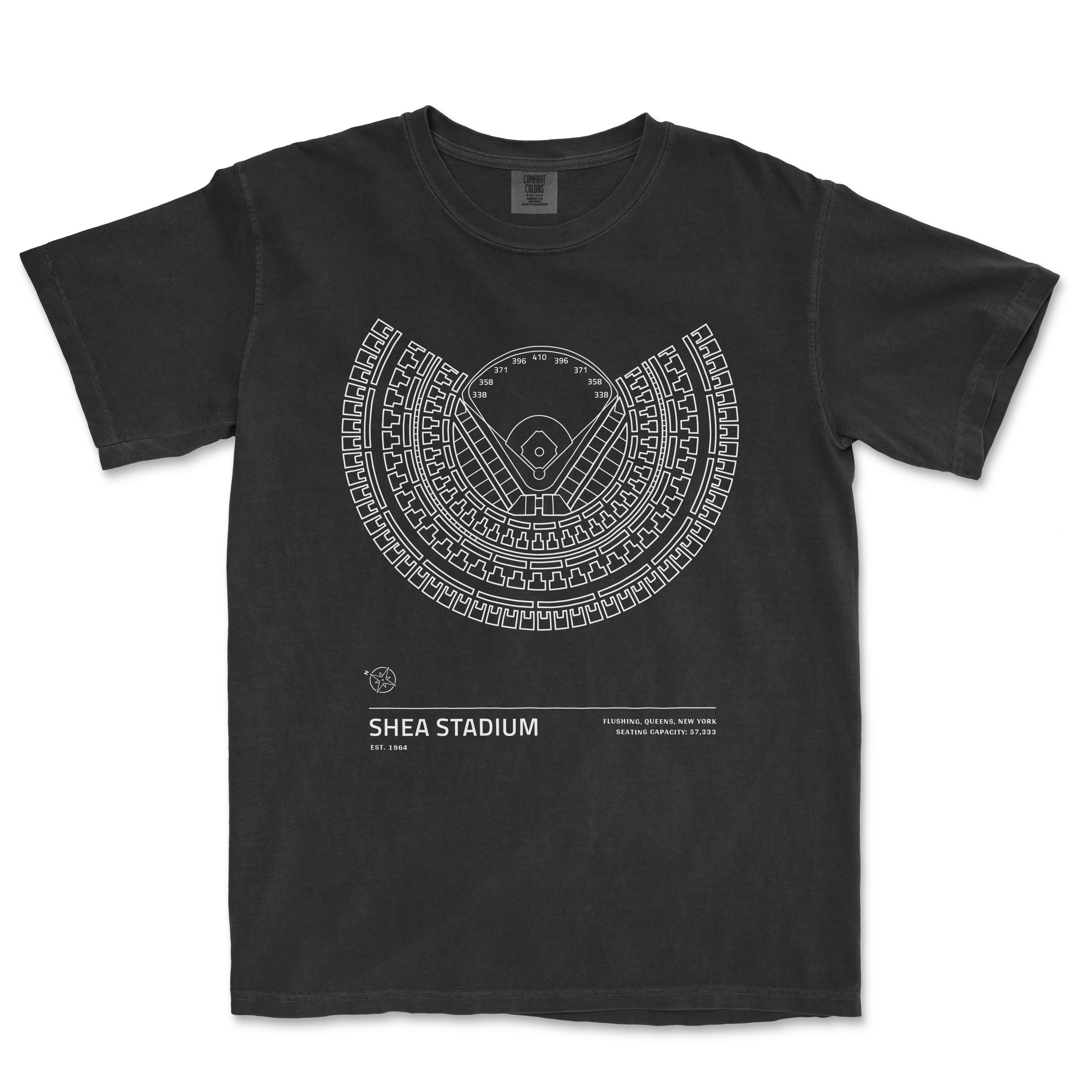 Black T-shirt featuring a white line drawing of Shea Stadium's seating chart, with location details and capacity info.
