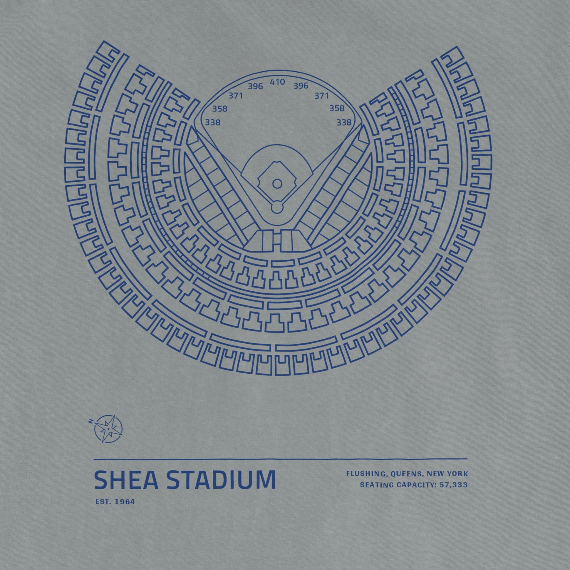 Blueprint-style illustration of Shea Stadium seating chart with capacity info, located in Flushing, Queens, NY.