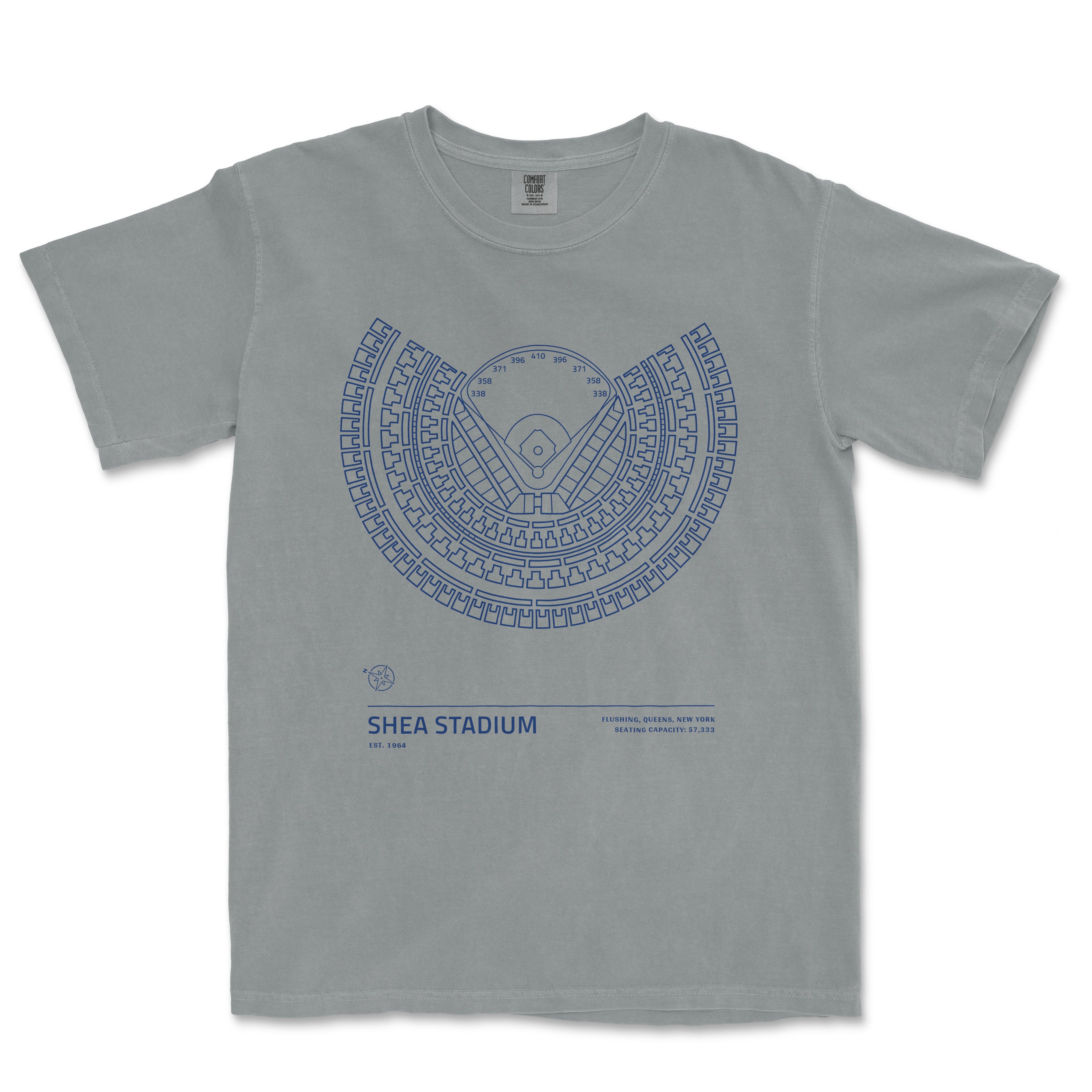 Gray T-shirt featuring a blue, technical-style diagram of Shea Stadium's seating layout and details from Flushing, Queens.