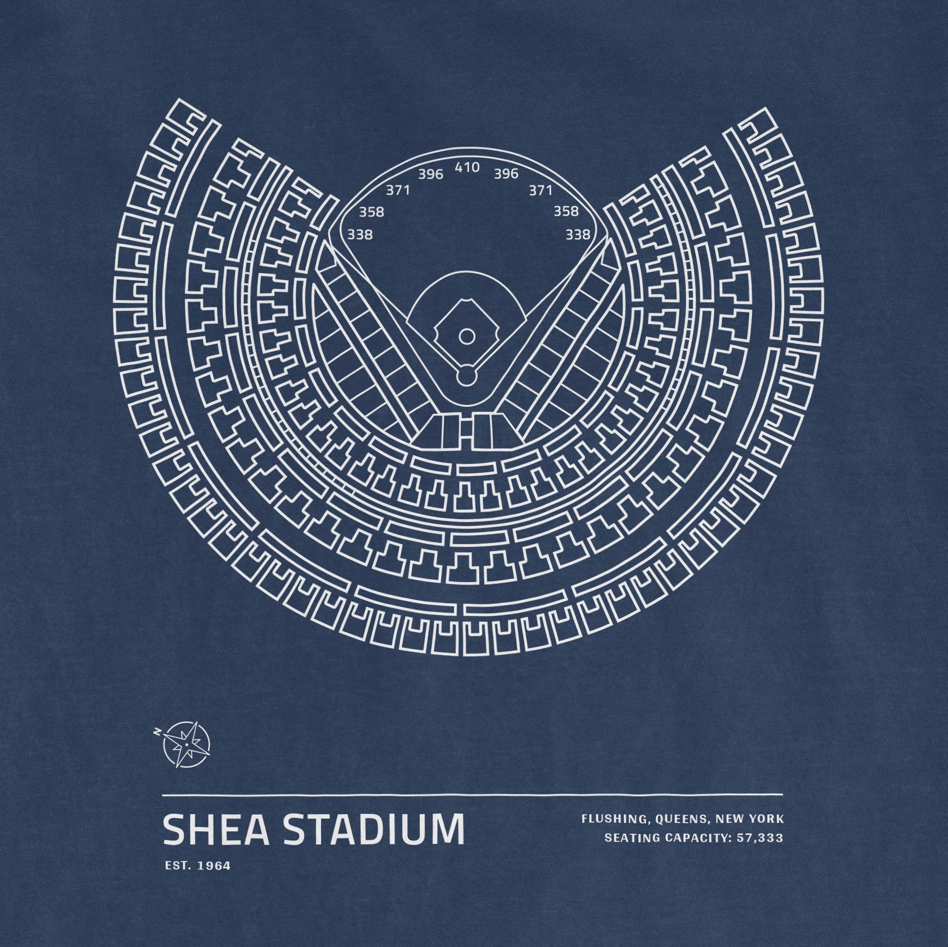 Blueprint-style illustration of Shea Stadium seating chart, with stadium details and capacity, from the Stadium Collection.
