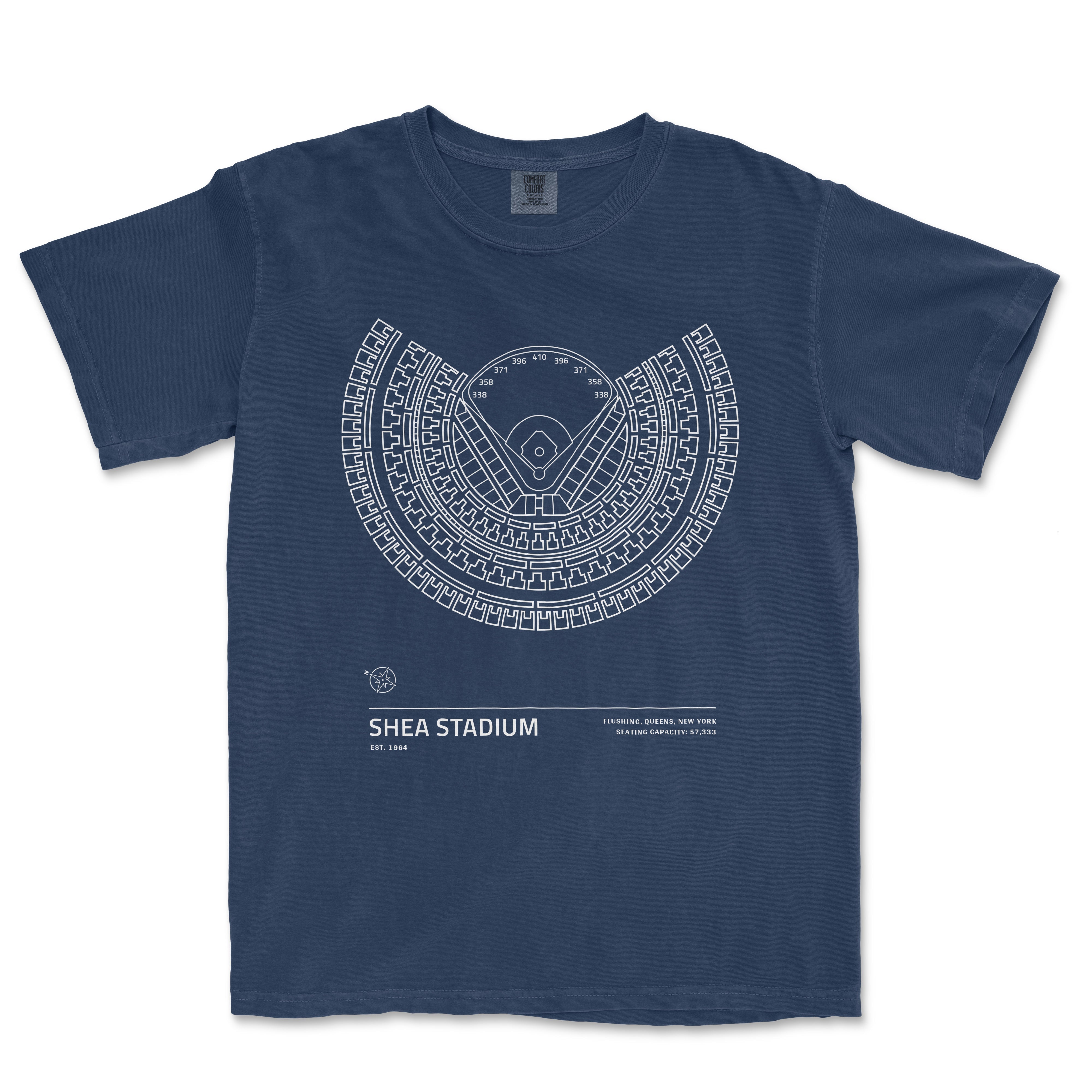 Blue Shea Stadium Stadium Collection t-shirt featuring a white line drawing of the stadium's seating chart and field layout.
