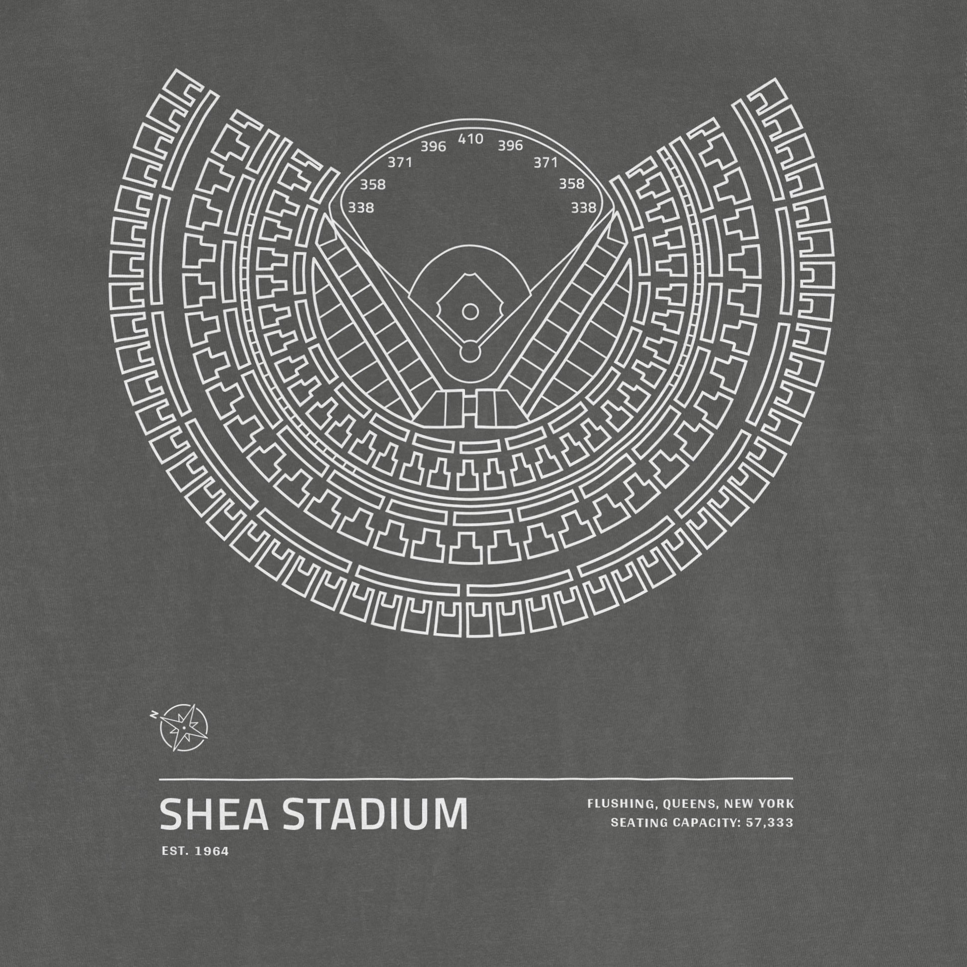 Line drawing of Shea Stadium's seating chart, showing field layout, sections, and capacity details in white on gray background.