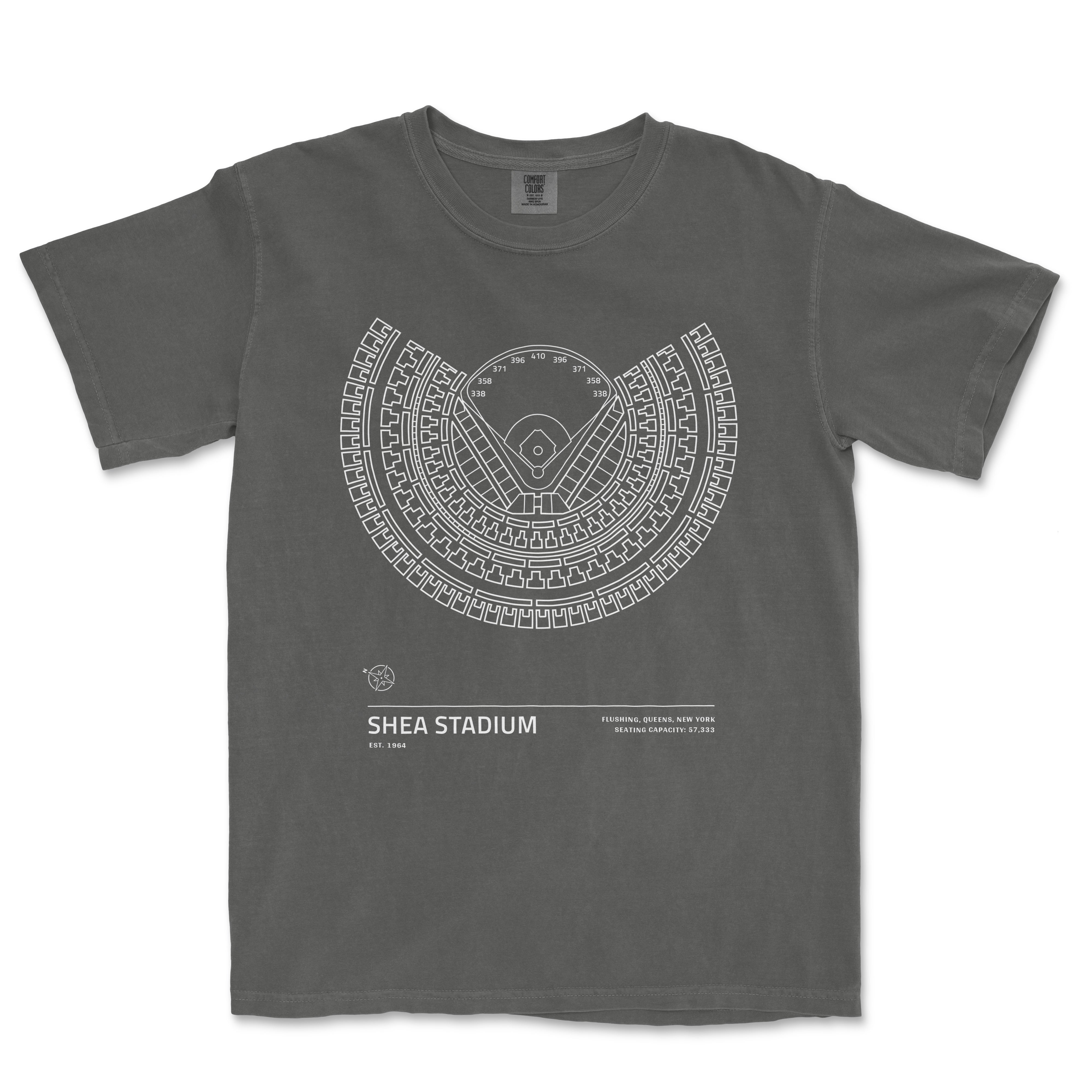 Gray T-shirt from the Shea Stadium - Stadium Collection featuring a white line diagram of a baseball field and seating details.