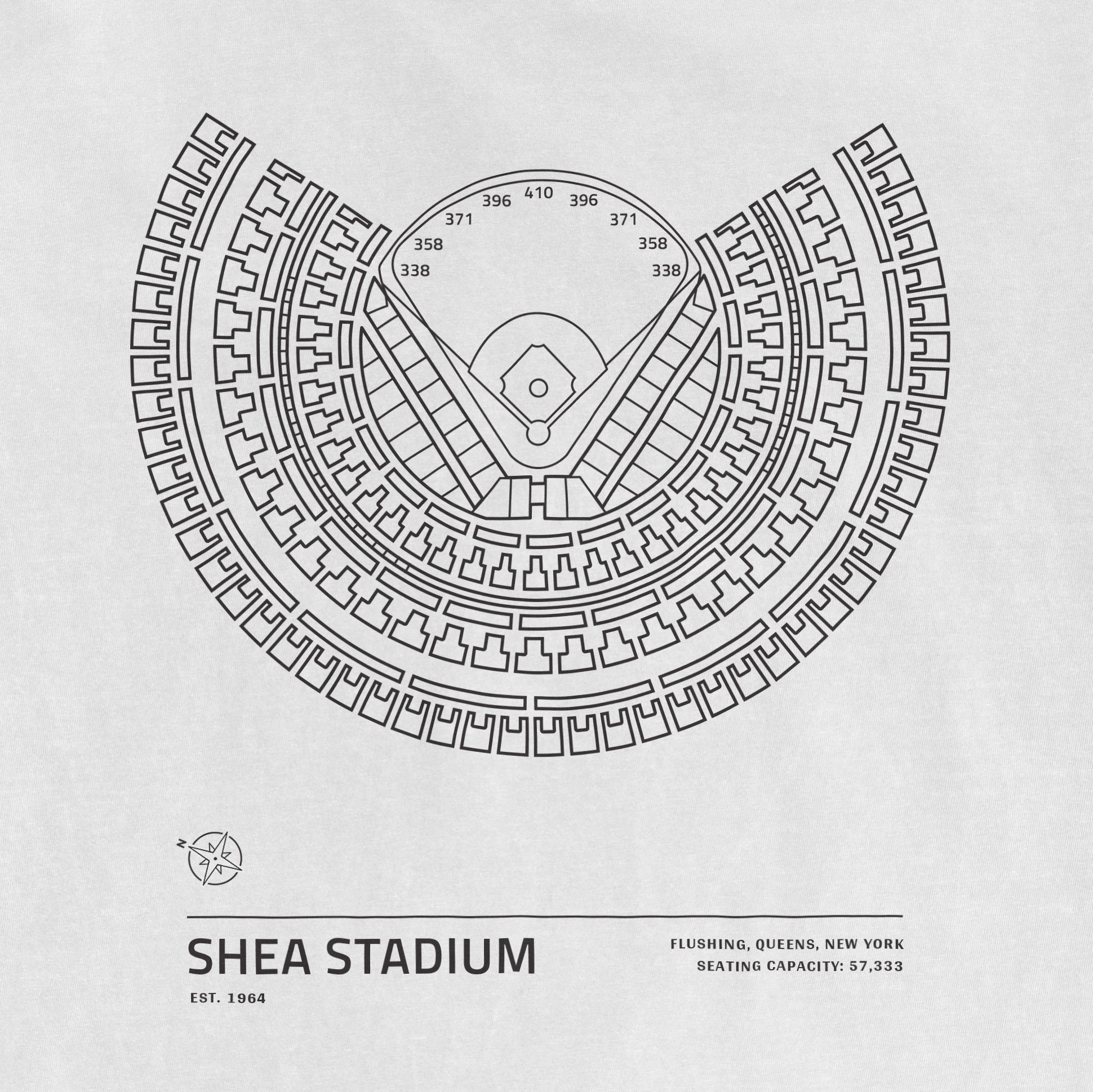 Line drawing of Shea Stadium seating chart with stadium layout, capacity, location, and establishment year, part of the Stadium Collection.