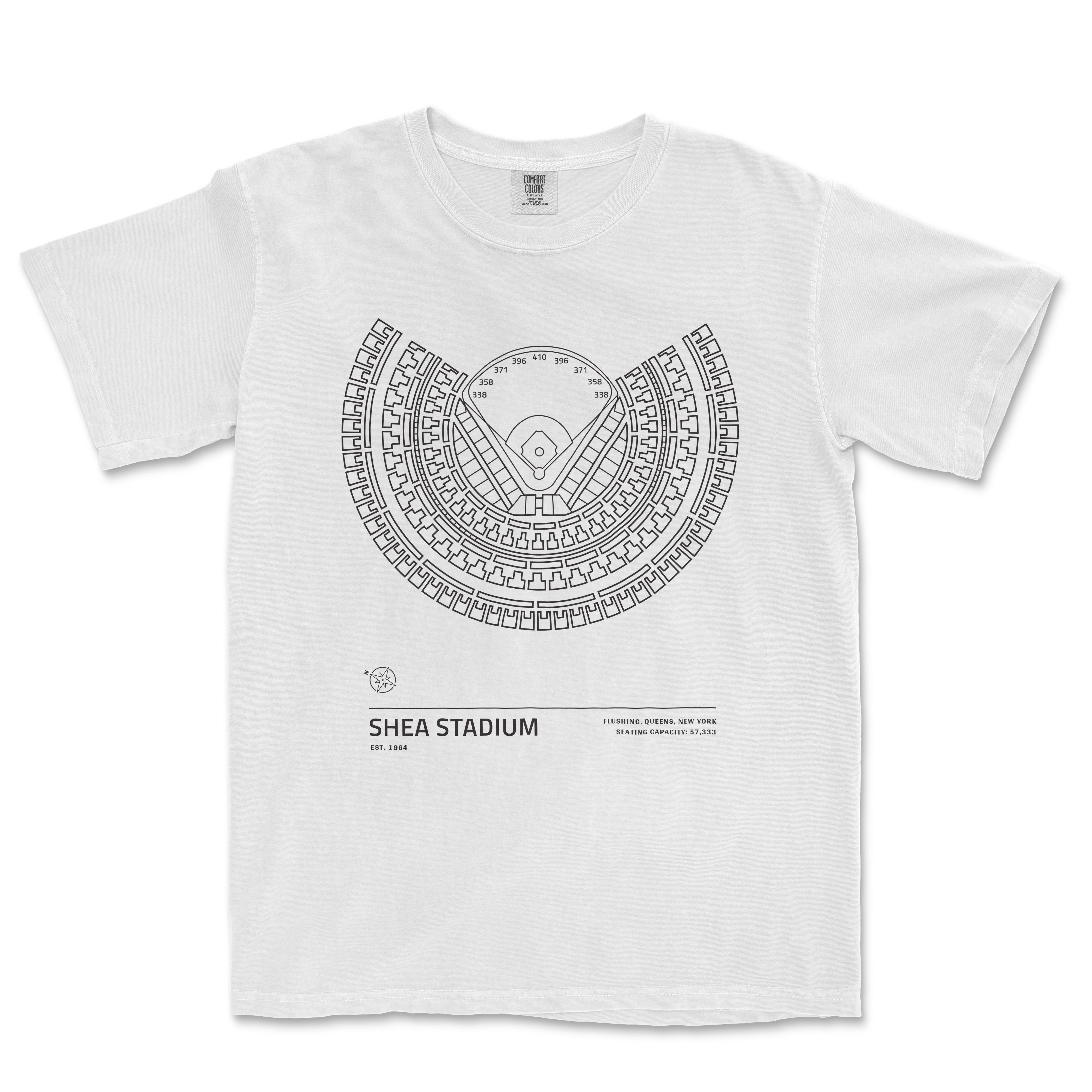 White T-shirt featuring a detailed line drawing of Shea Stadium's seating chart and layout from the Stadium Collection.