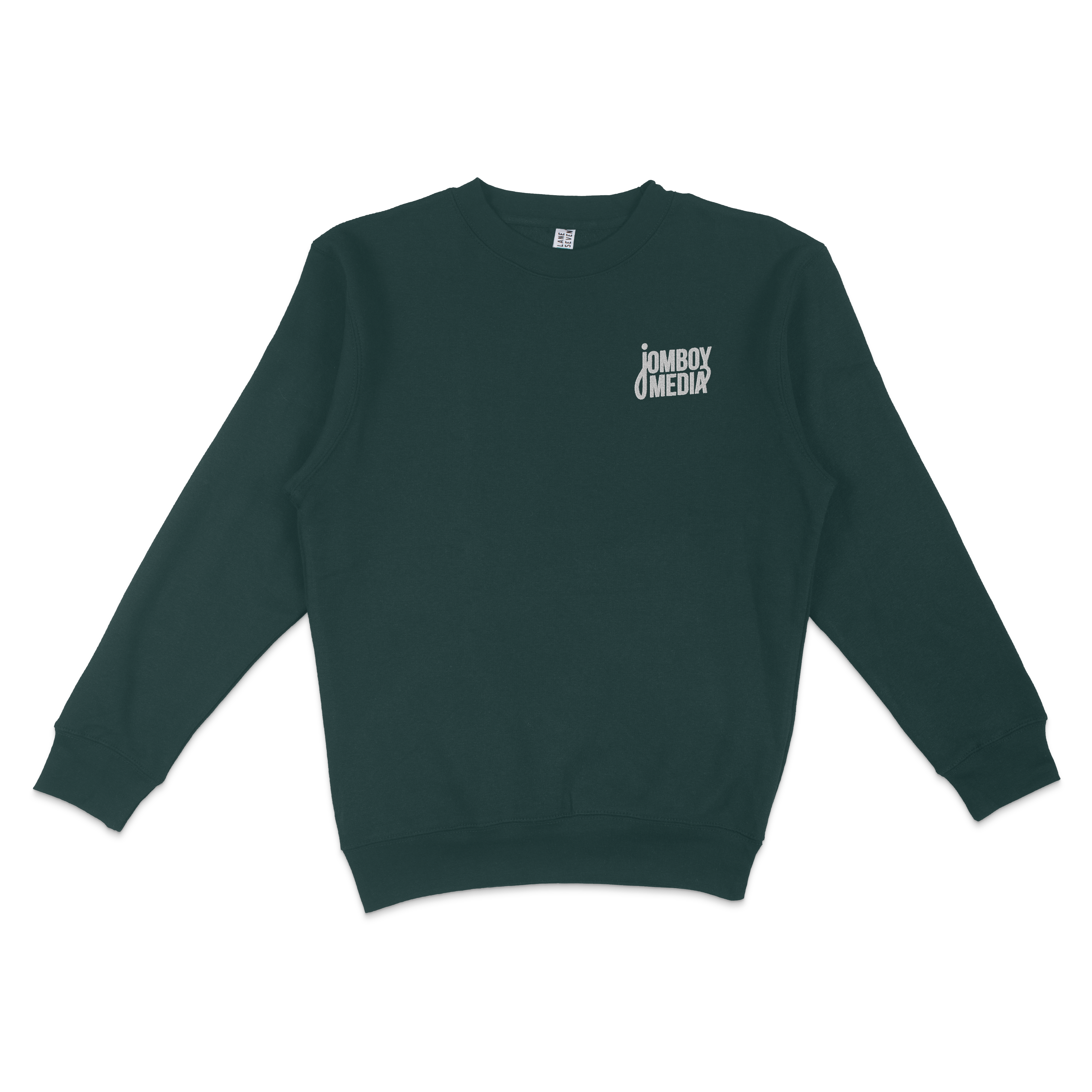 Dark green JM Embroidered Crewneck featuring the Jomboy Media logo on the chest, perfect for sports fans.